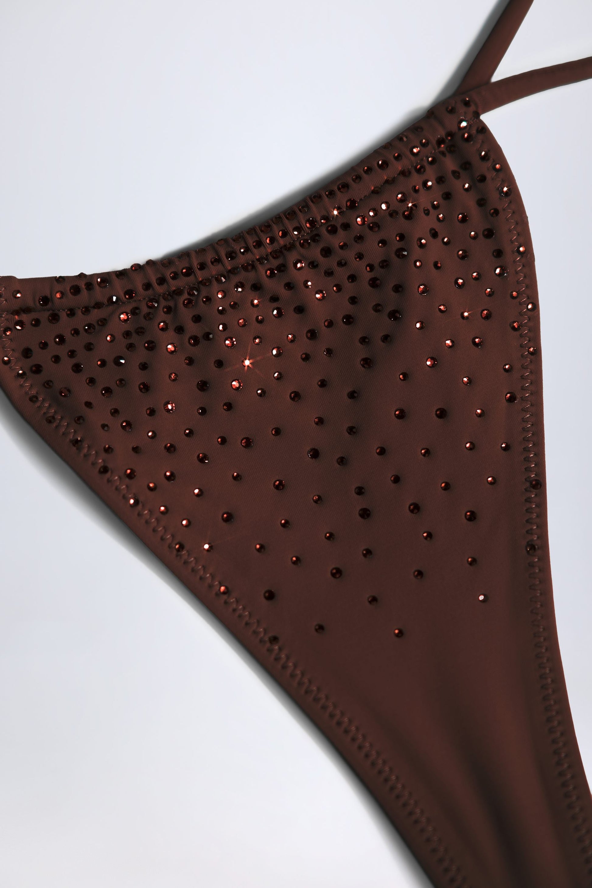 Embellished Drawstring Thong Bikini Bottoms in Chocolate Brown