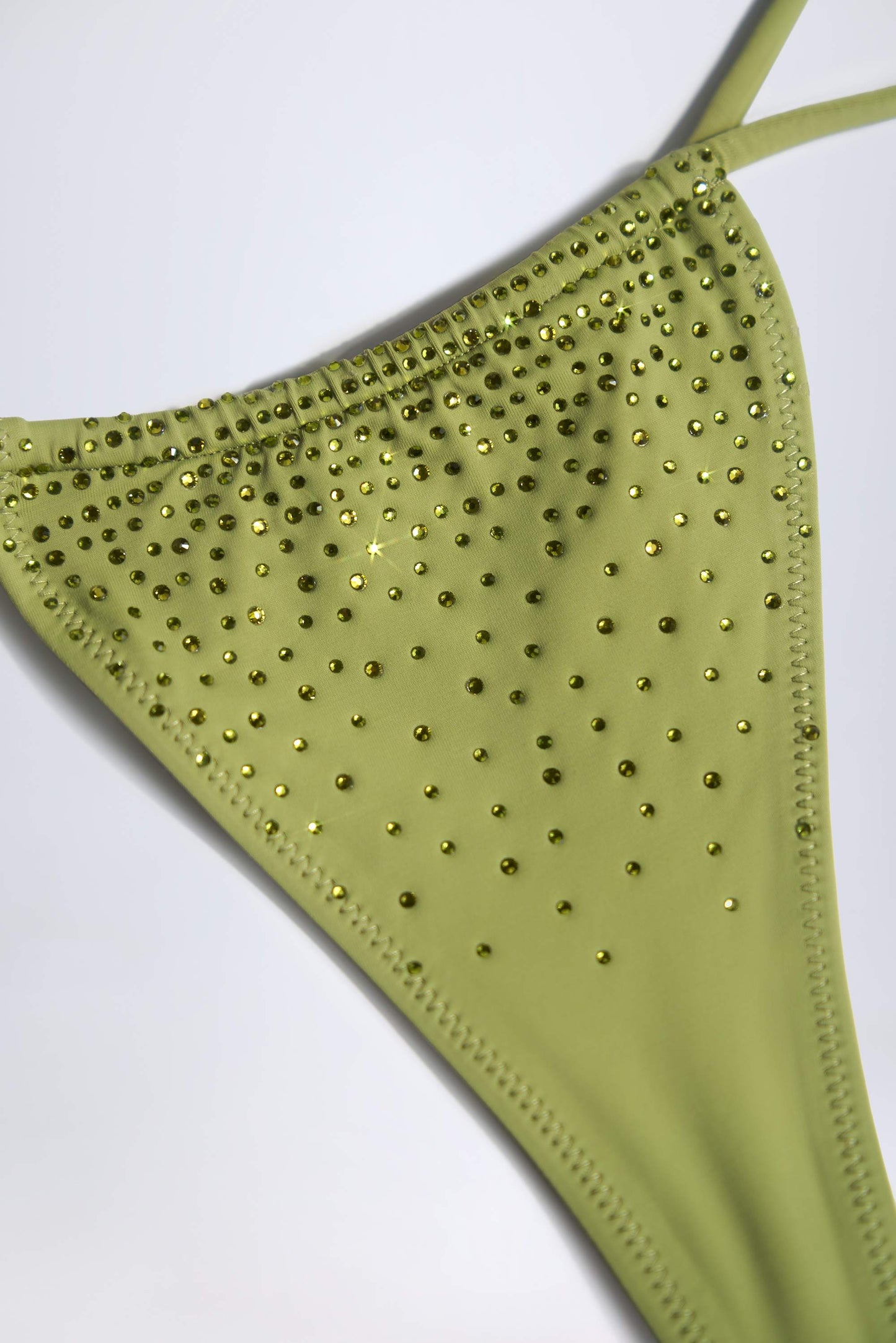 Embellished Drawstring Thong Bikini Bottoms in Olive Green