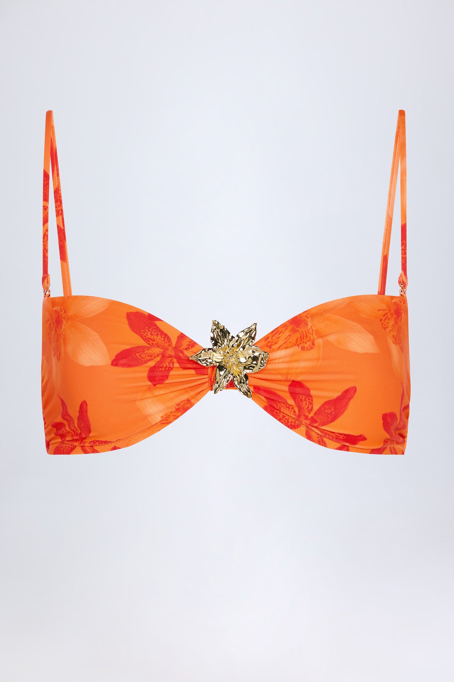 Hardware-Detail Halterneck Bikini Top in Orange Orchid Print