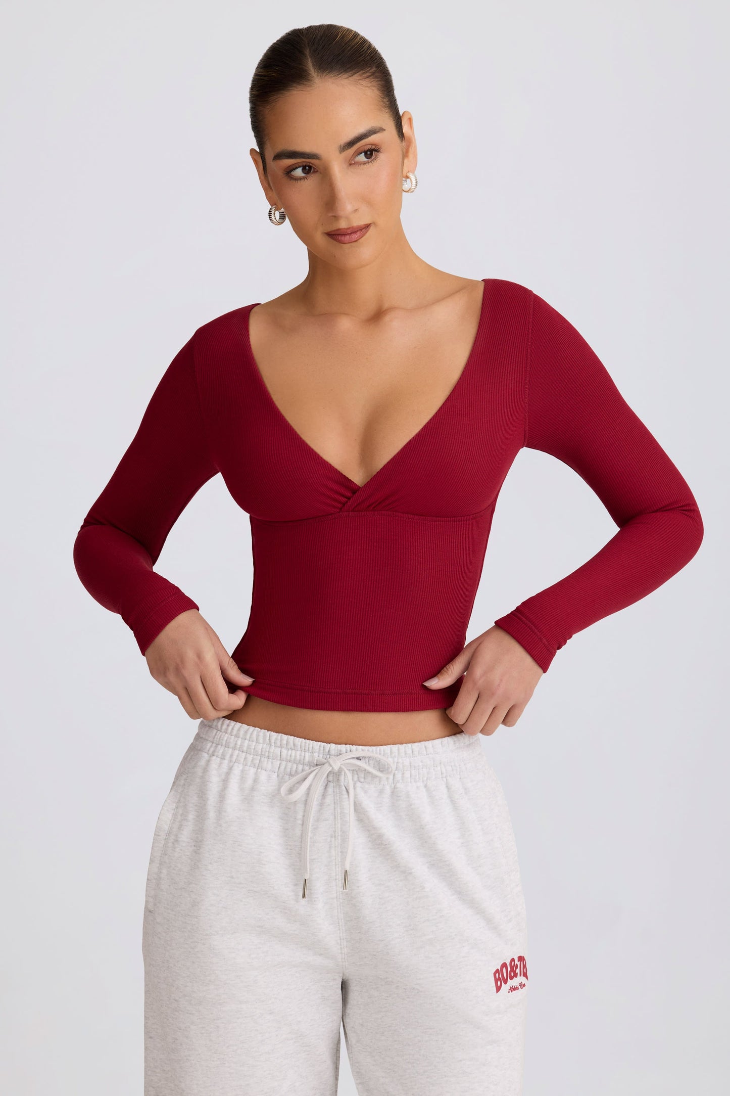 Ribbed Modal Ruched V-Neck Top in Burgundy