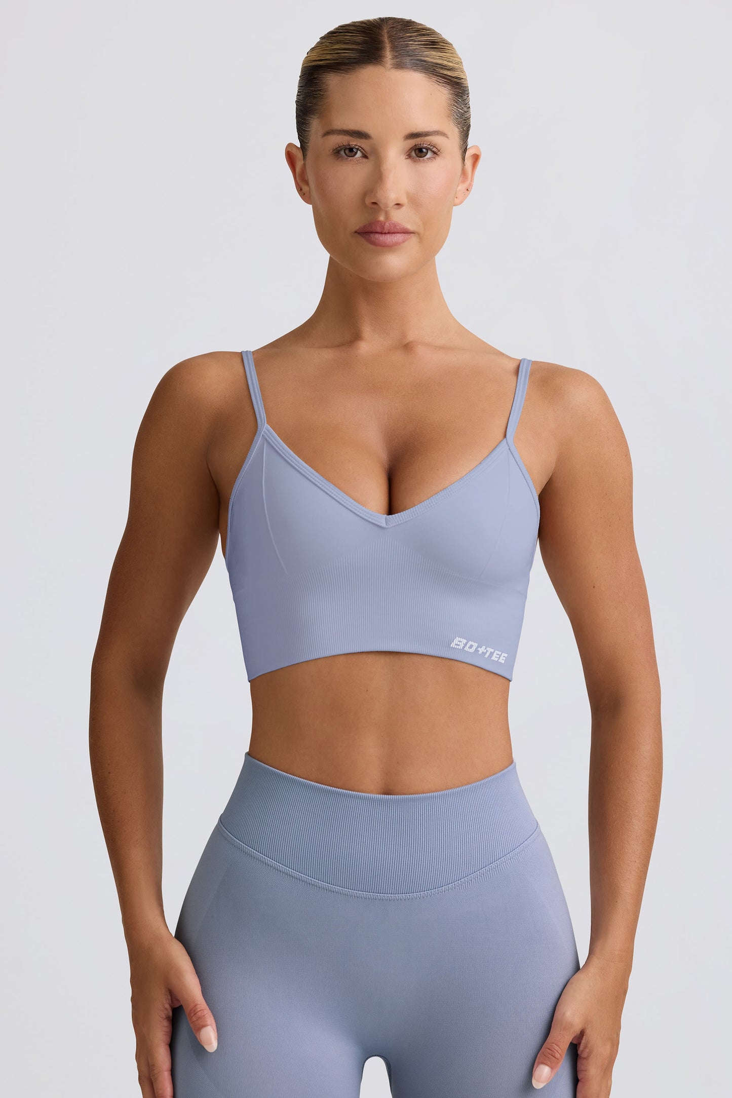 Define Luxe V-Neck Sports Bra in Blue Grey
