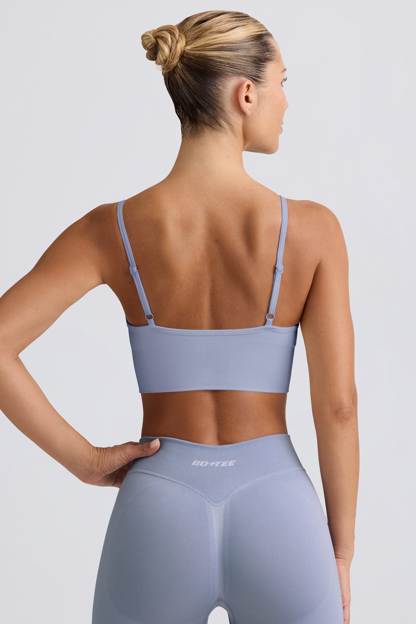 Define Luxe V-Neck Sports Bra in Blue Grey