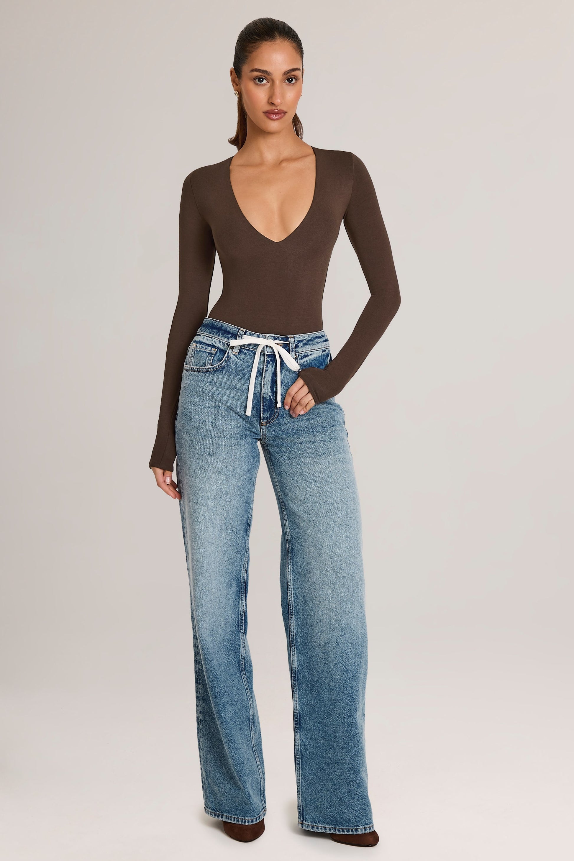 Drawstring Straight-Leg Jeans in Mid Wash