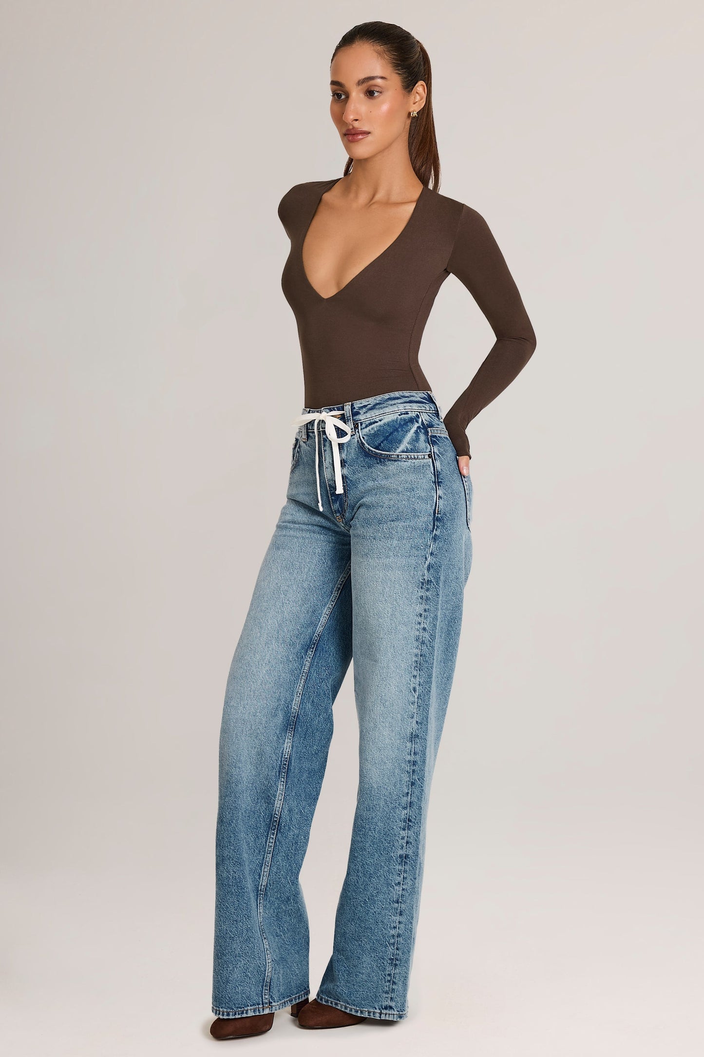 Drawstring Straight-Leg Jeans in Mid Wash