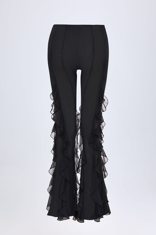 Ruffled Mid-Rise Flared Trousers in Black