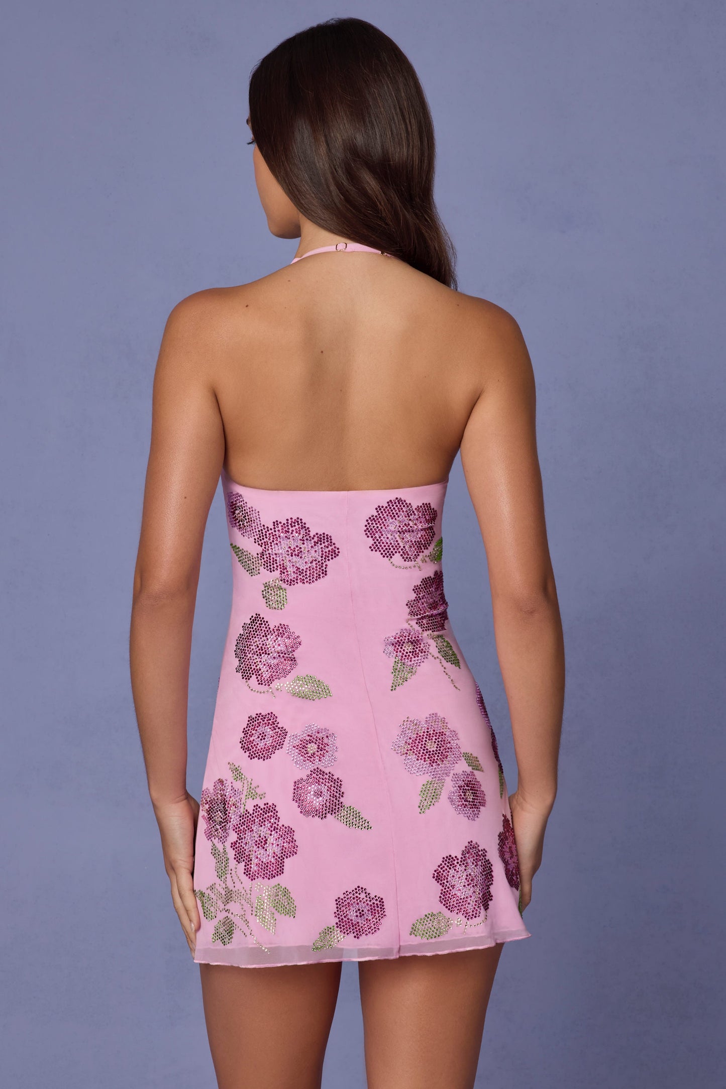 Embellished Halterneck Mini Dress in Soft Pink