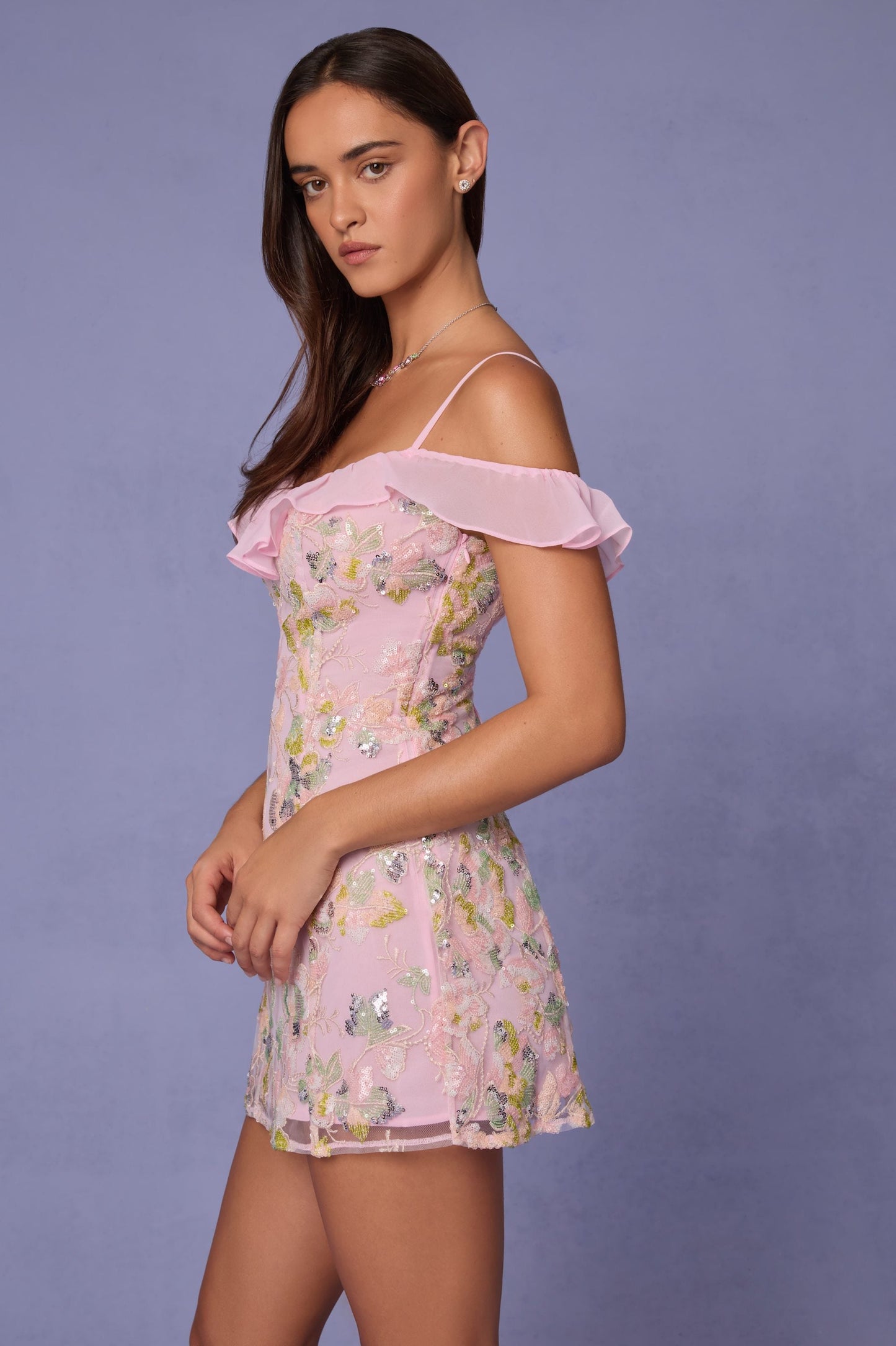 Embellished Lace-Up A-Line Mini Dress in Soft Pink