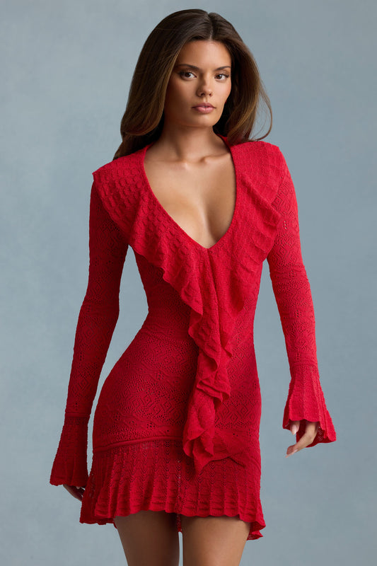 Ruffle-Trim Pointelle-Knit Mini Dress in Scarlet Red