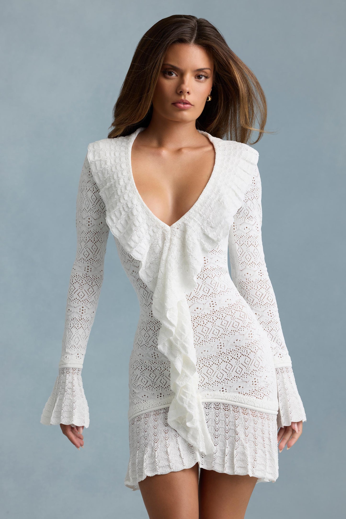 Ruffle-Trim Pointelle-Knit Mini Dress in White