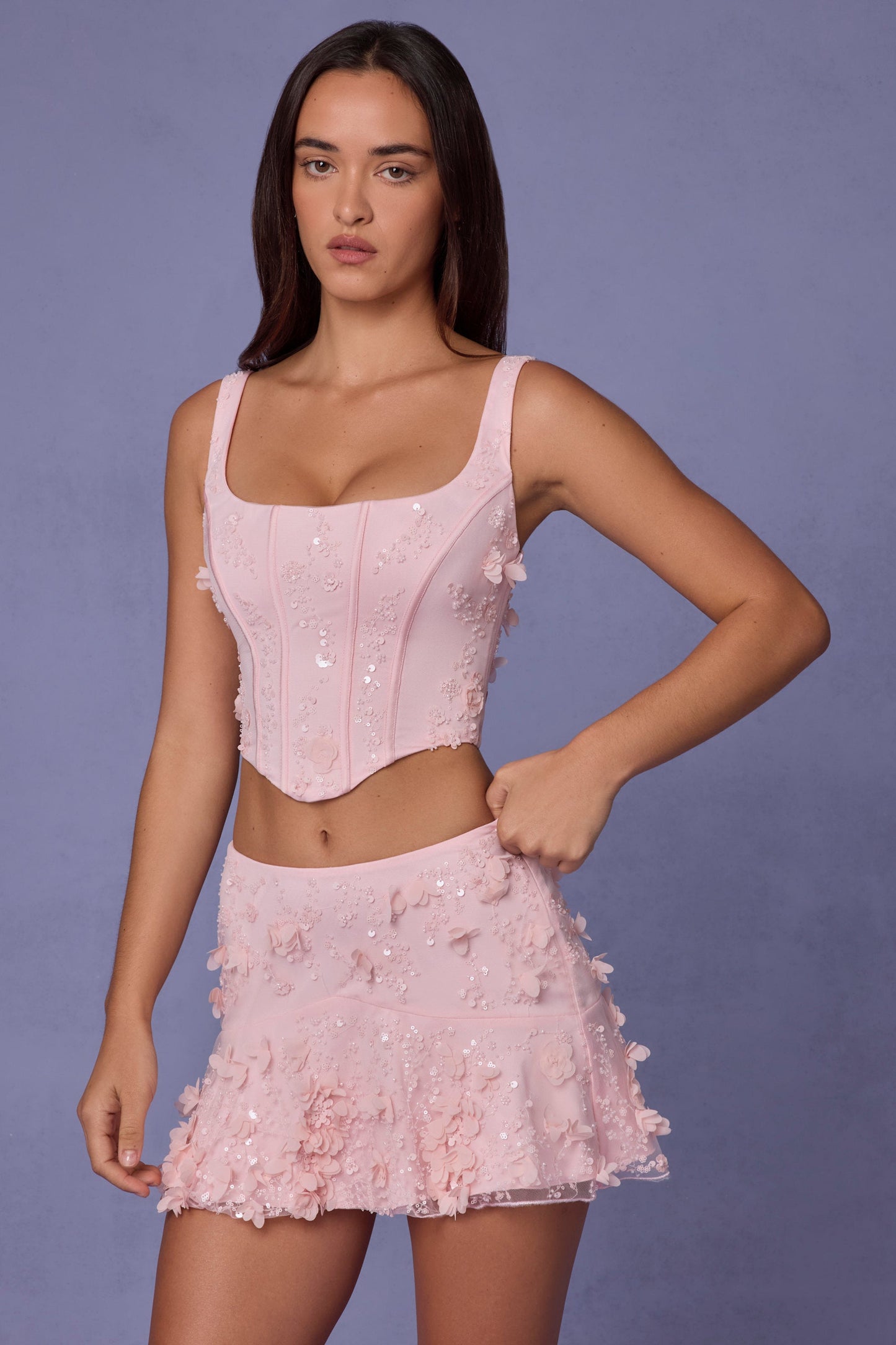 Embellished Lace-Up Corset Top in Soft Pink