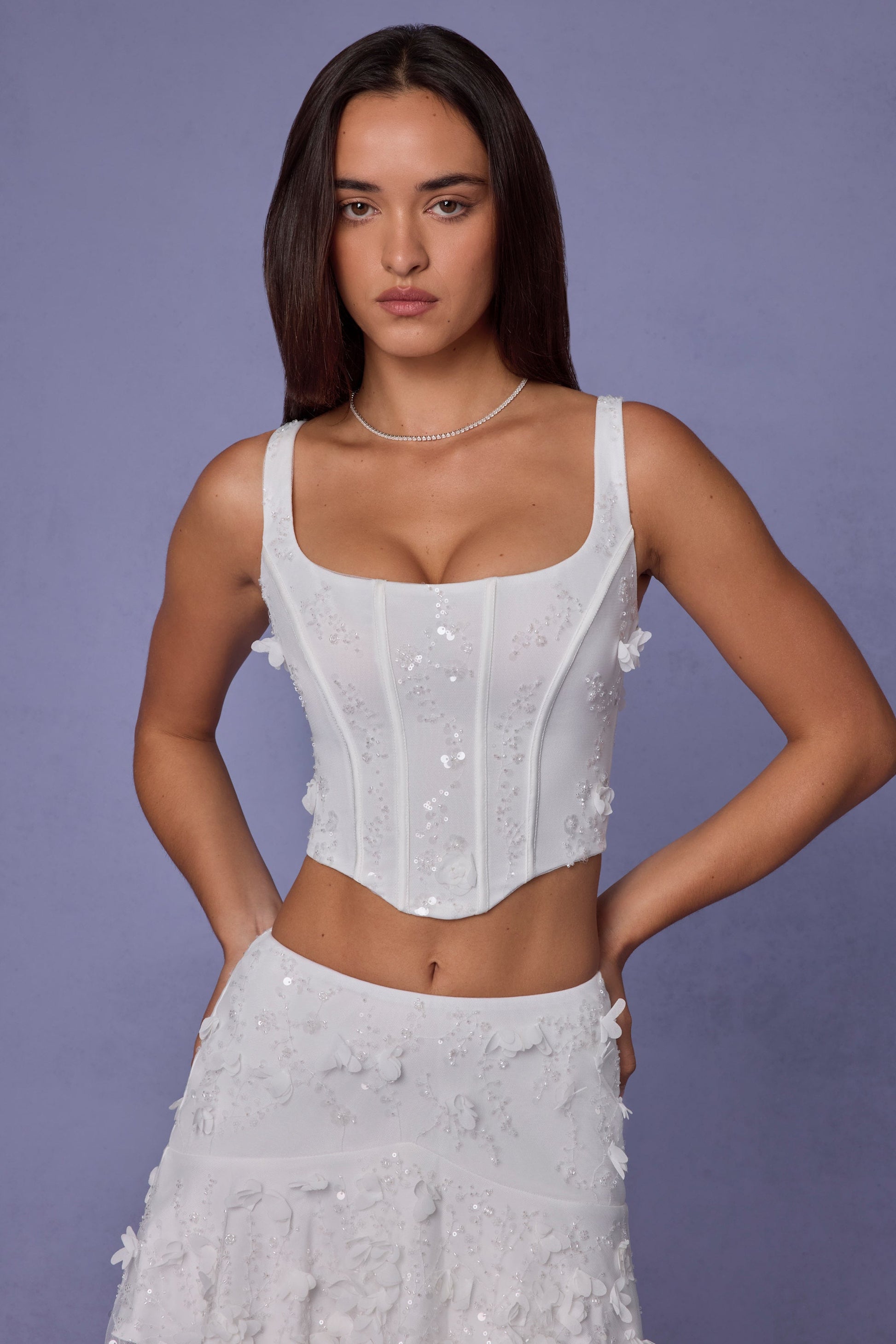 Embellished Lace-Up Corset Top in White