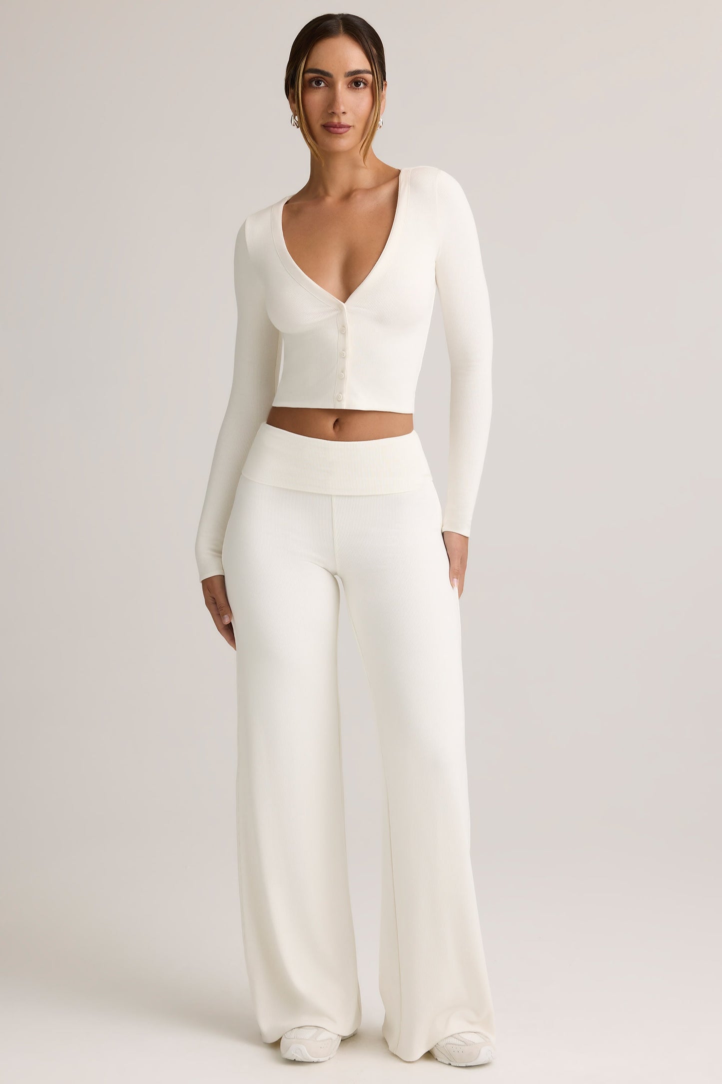 Modal Foldover Wide-Leg Trousers in White