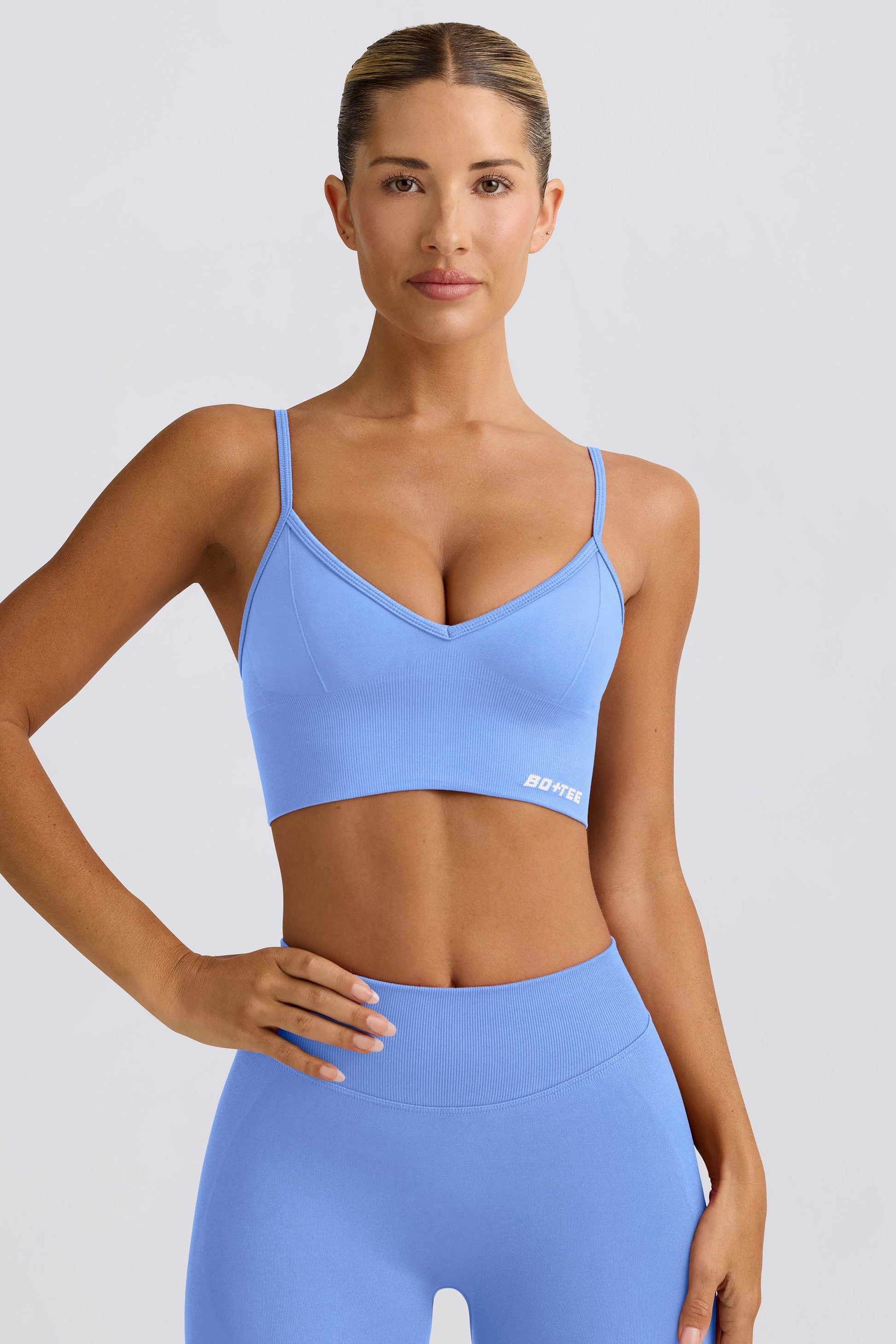 Define Luxe V-Neck Sports Bra in Light Blue