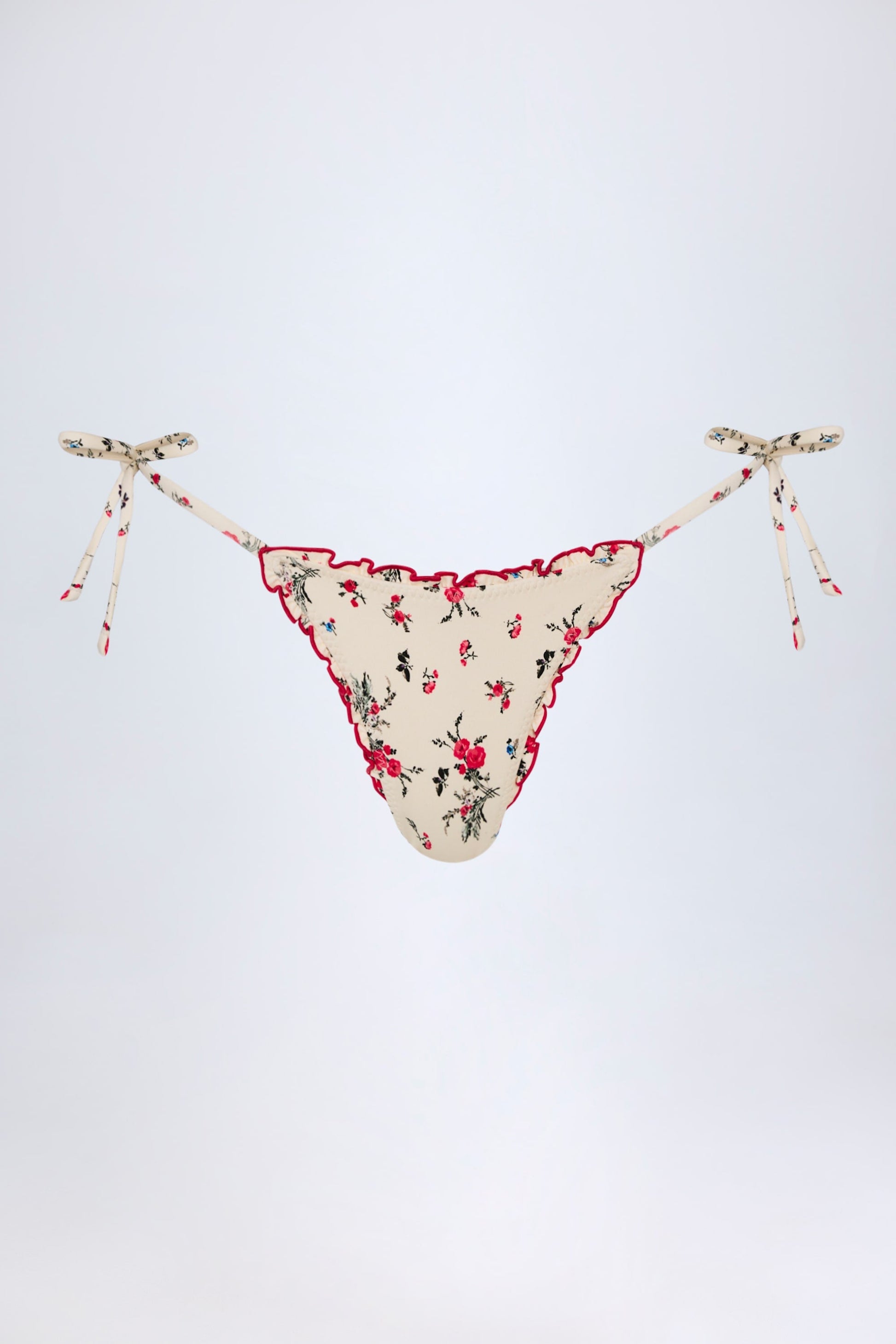 Side-Tie Thong Bikini Bottoms in Red Floral