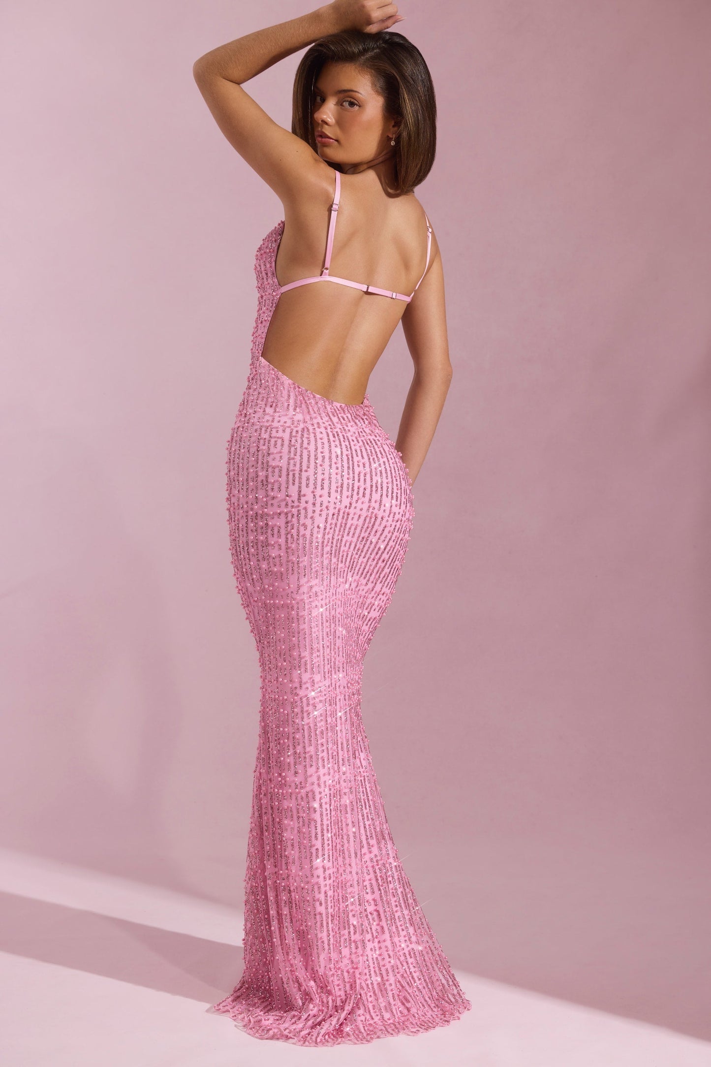 Embellished Cowl-Neck Backless Maxi Dress in Pink