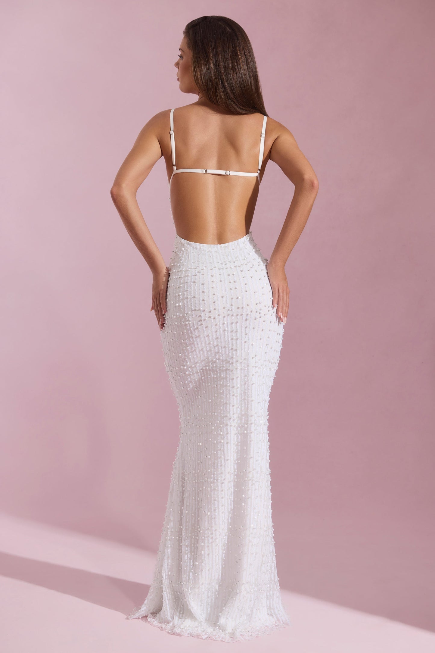 Embellished Cowl-Neck Backless Maxi Dress in White