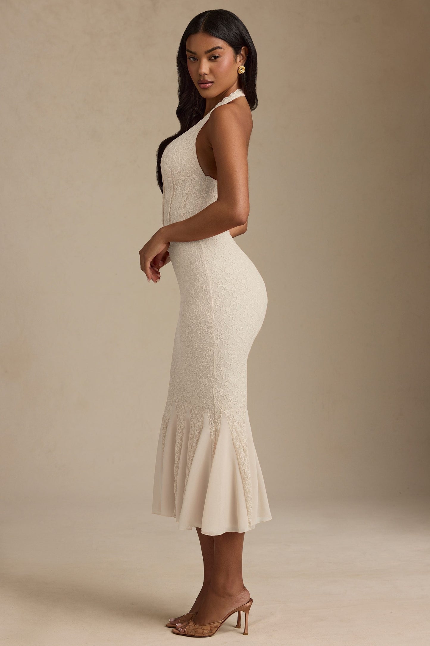 Halterneck Corset Lace Midaxi Dress in Ivory
