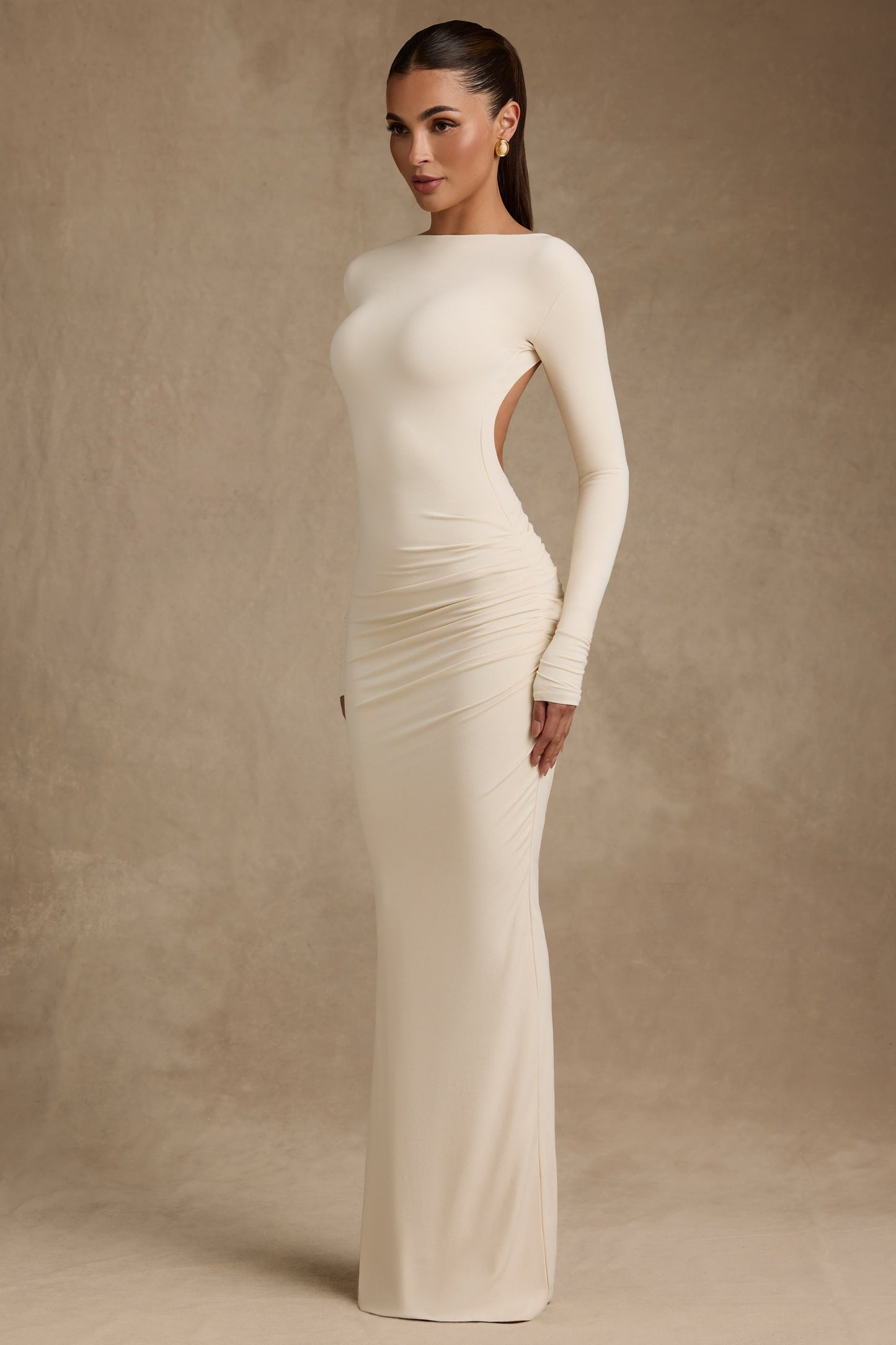 Modal Ruched Backless Maxi Dress in Ivory