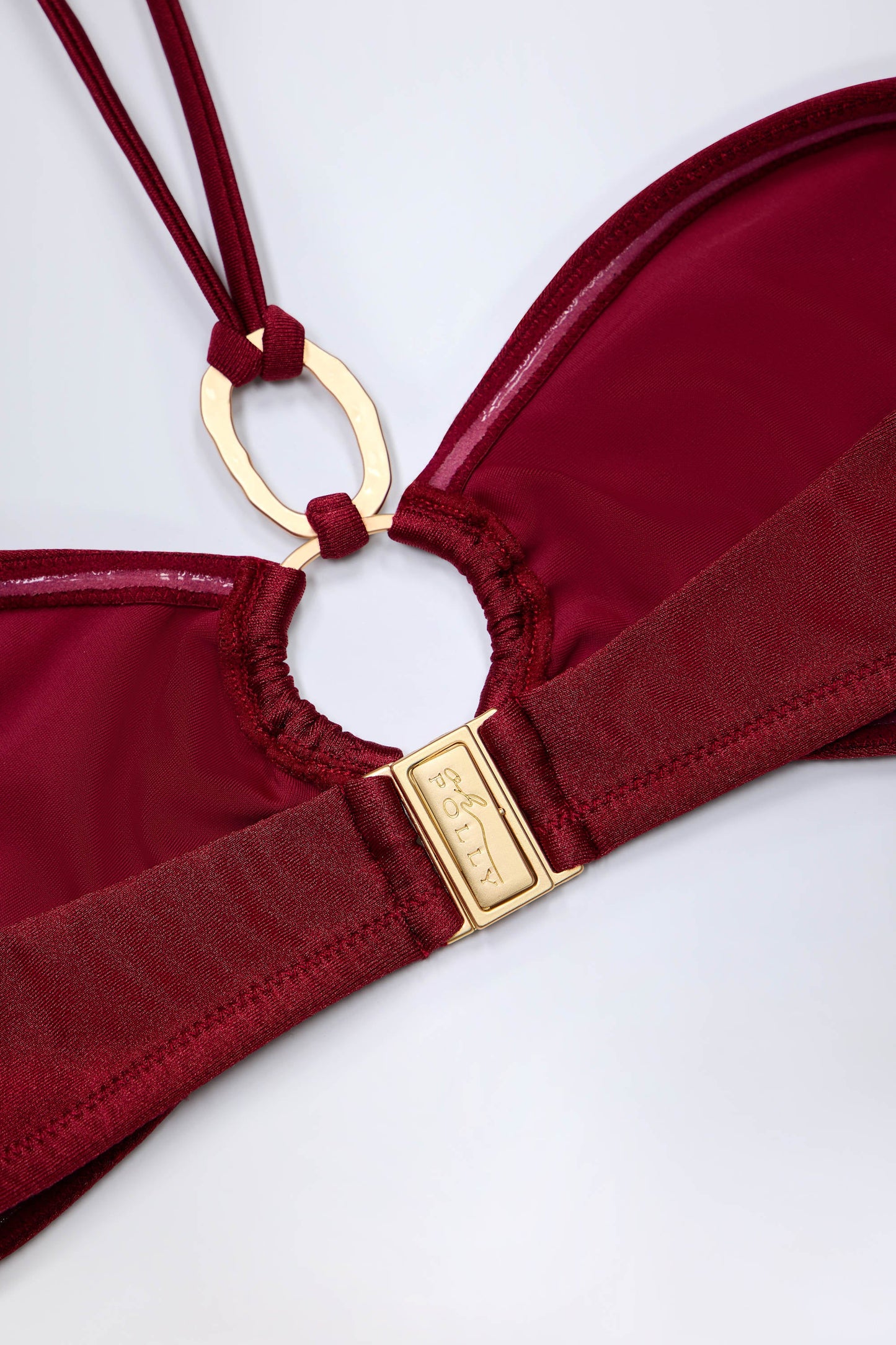 Hardware-Detail Ruched Halterneck Bikini Top in Dark Cherry