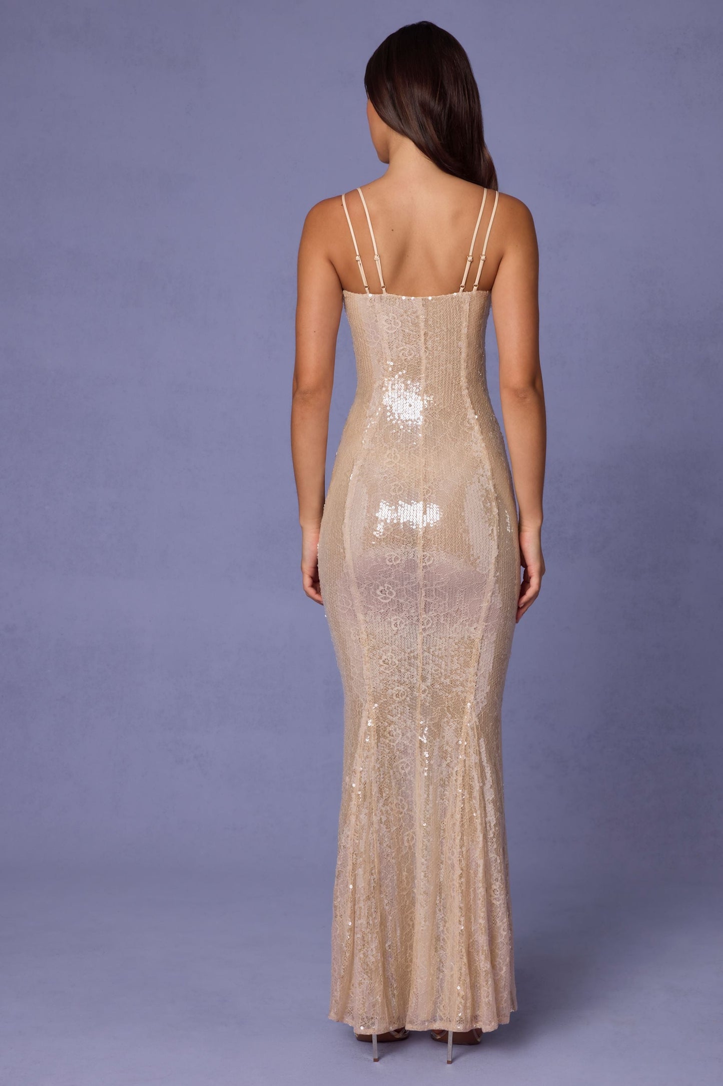 Embellished Square Neck Lace Gown in Pale Peach