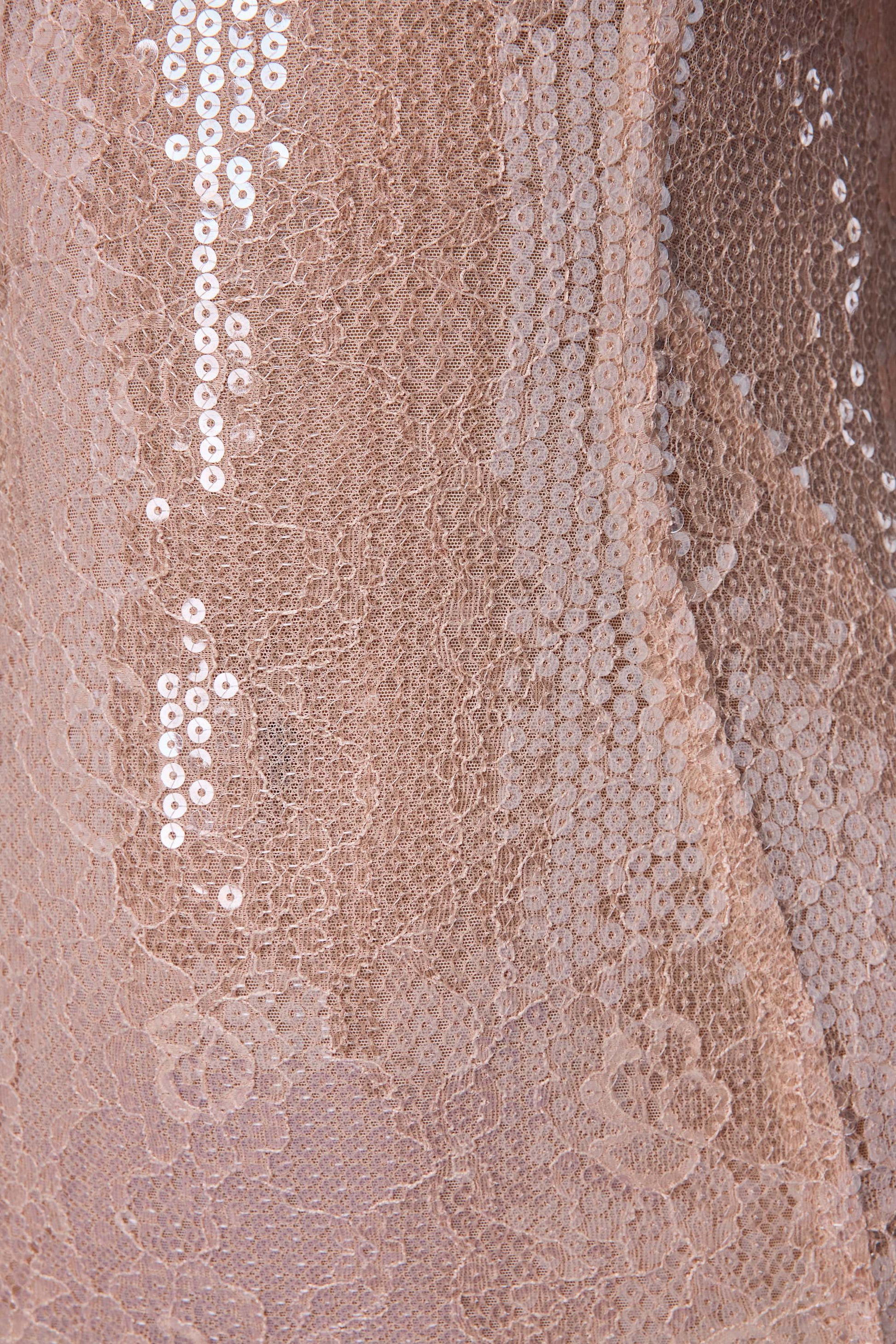 Embellished Square Neck Lace Gown in Pale Peach