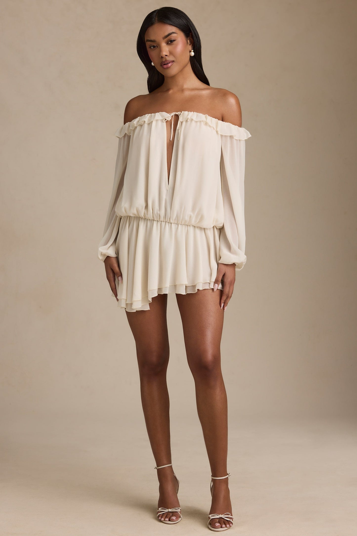 Off-Shoulder Asymmetric Balloon-Sleeve Mini Dress in Ivory