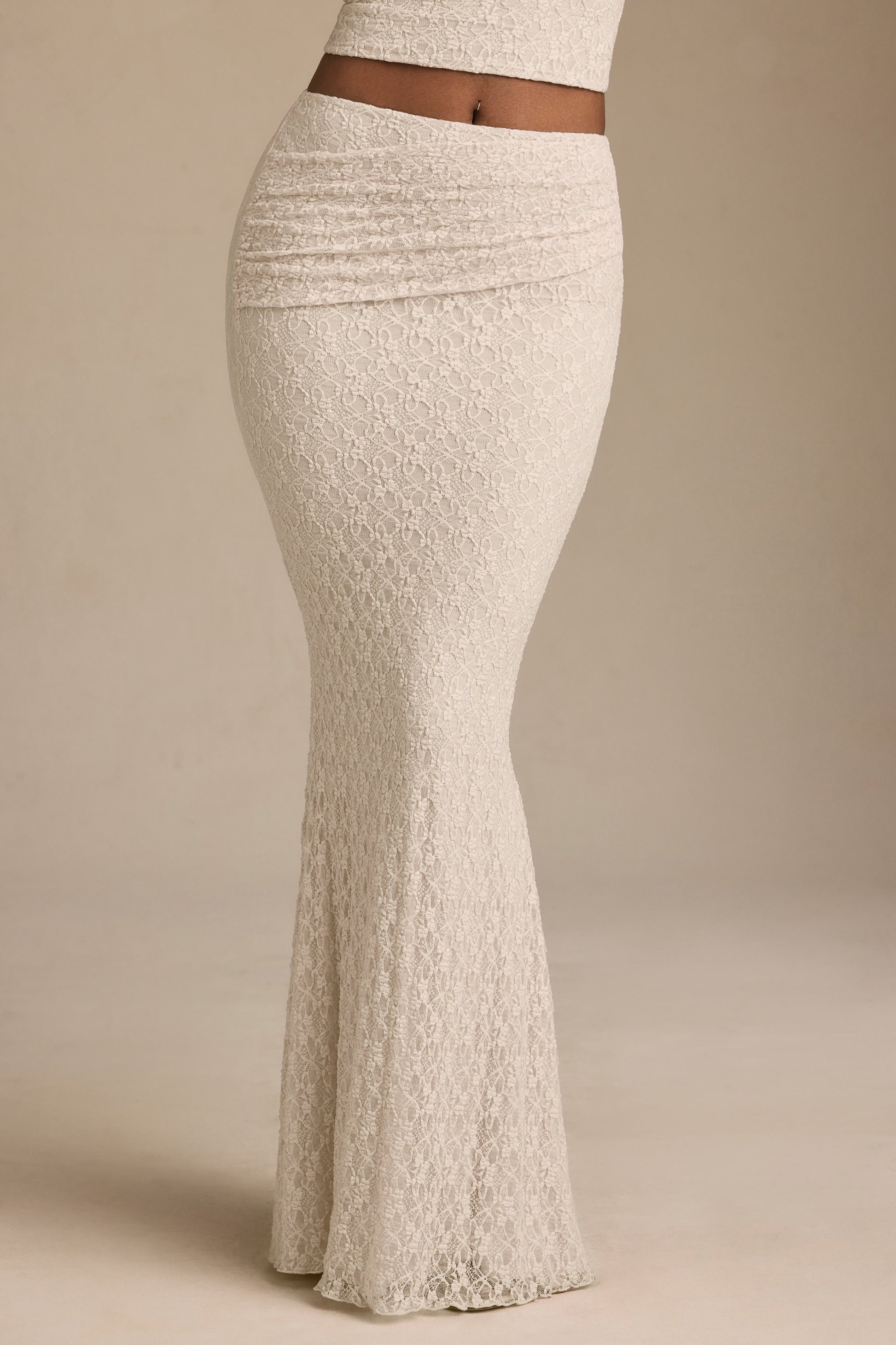 Draped Low-Rise Lace Maxi Skirt in Ivory