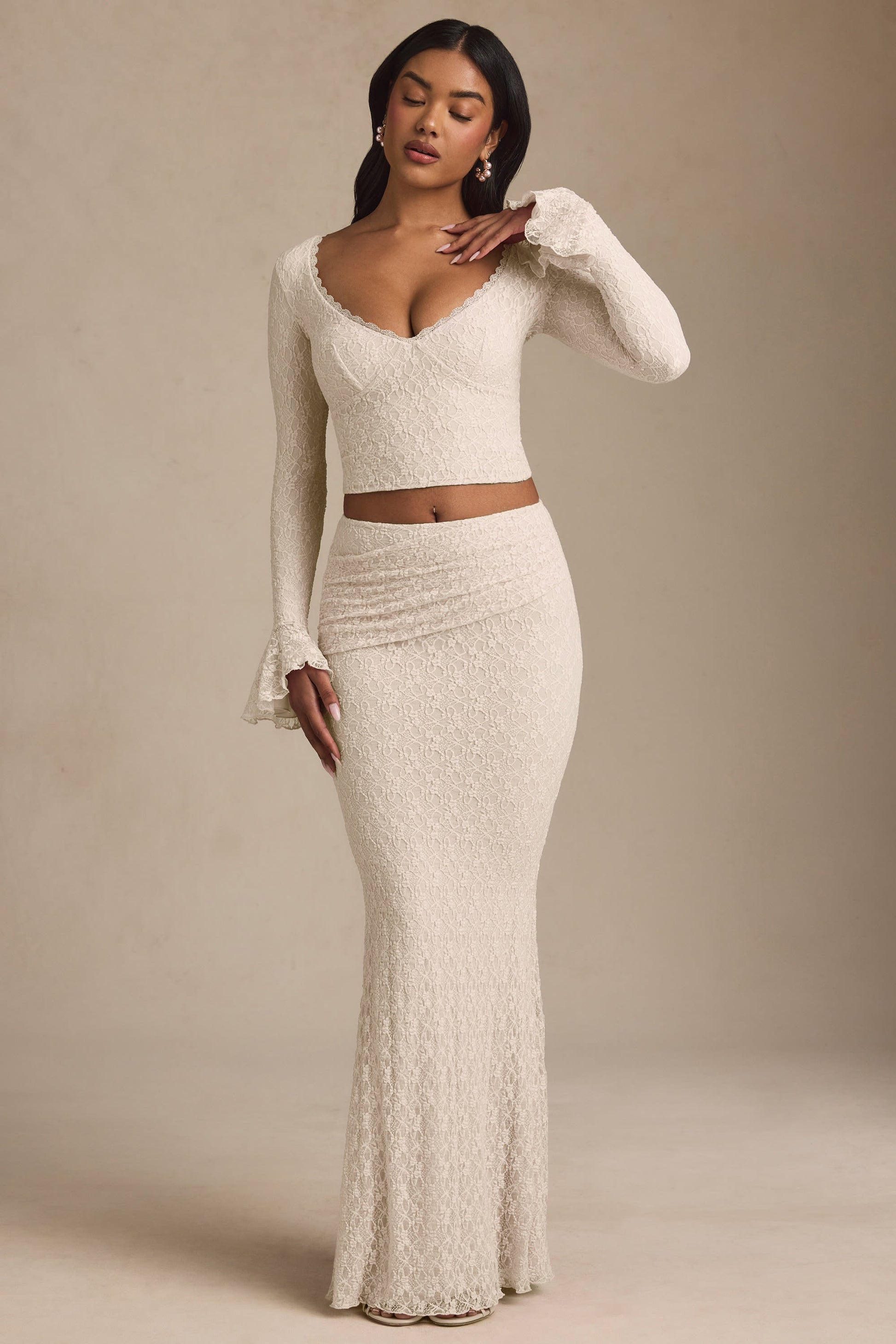 Draped Low-Rise Lace Maxi Skirt in Ivory