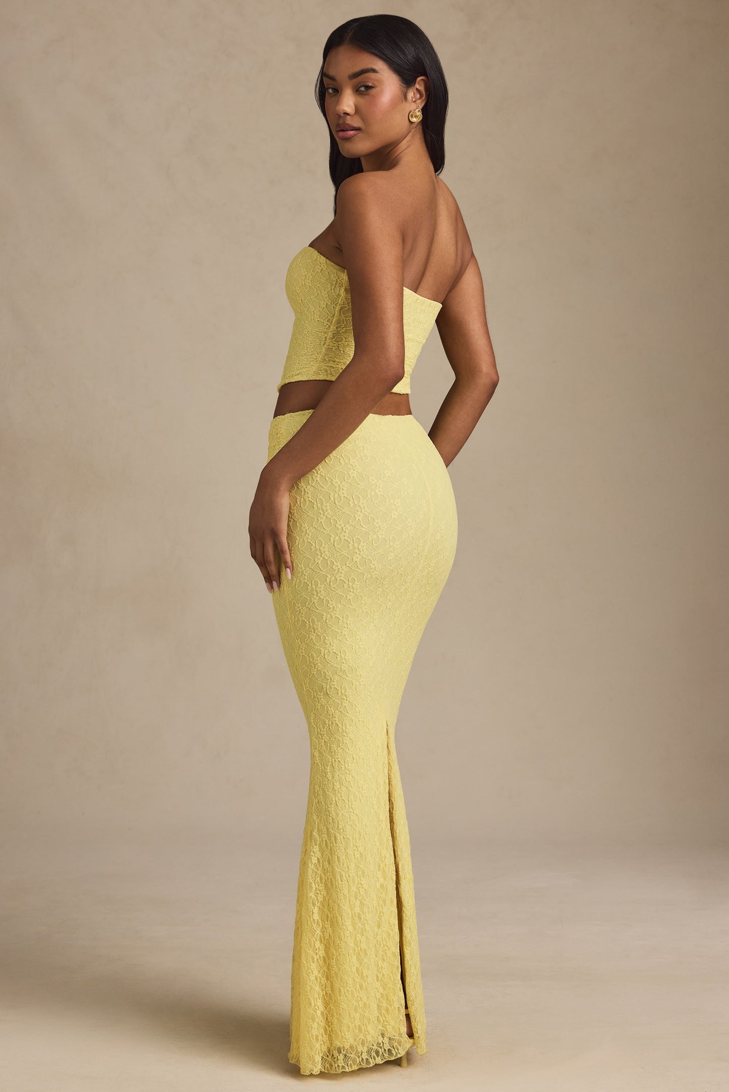 Draped Low-Rise Lace Maxi Skirt in Pastel Yellow