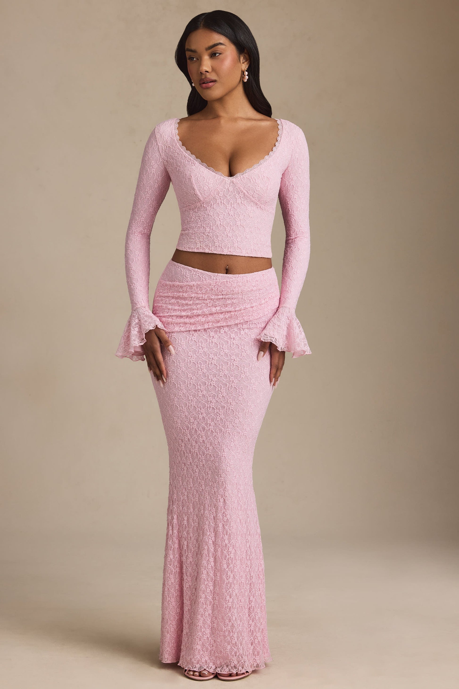 Draped Low-Rise Lace Maxi Skirt in Soft Pink