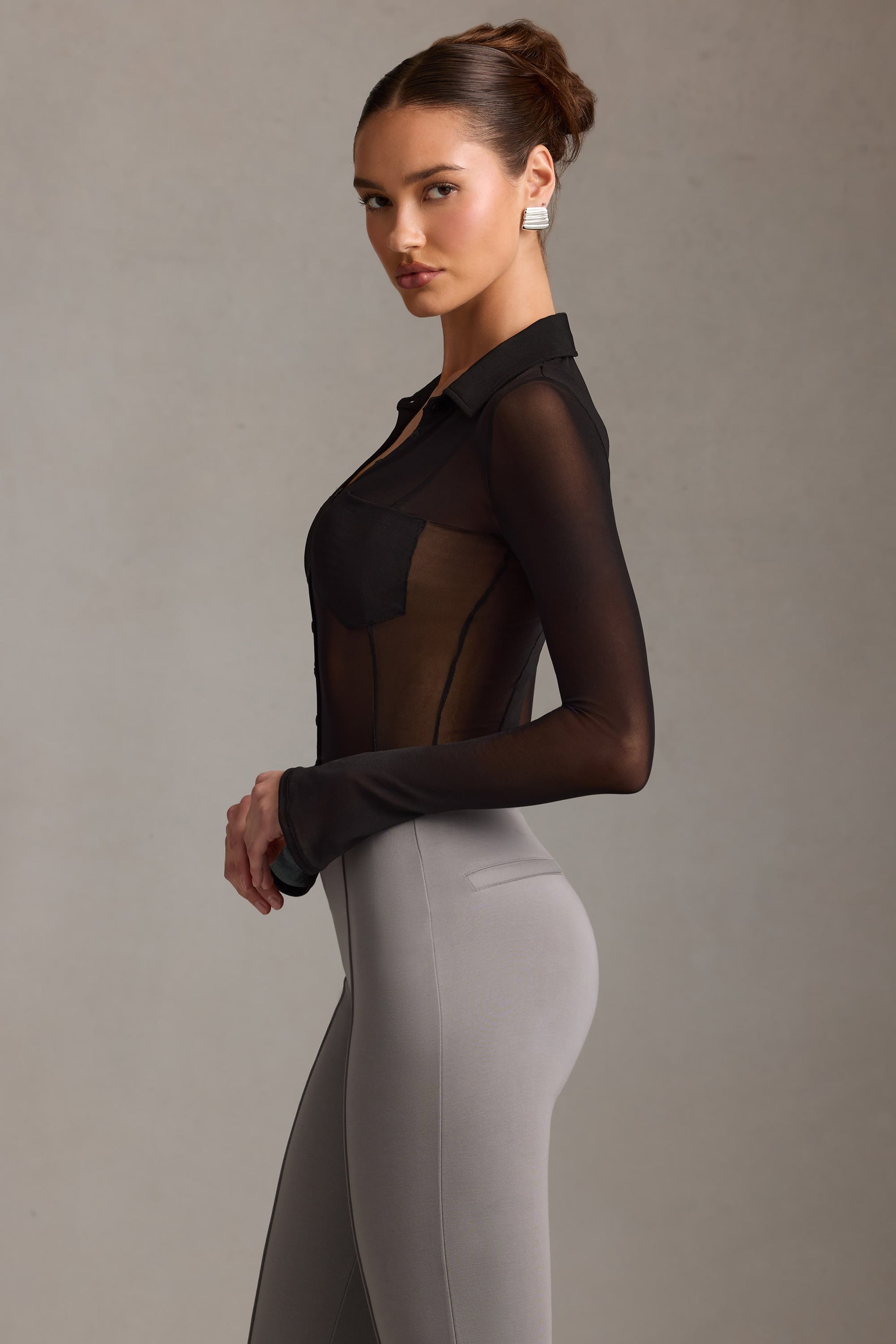 Sheer Long-Sleeve Shirt in Black