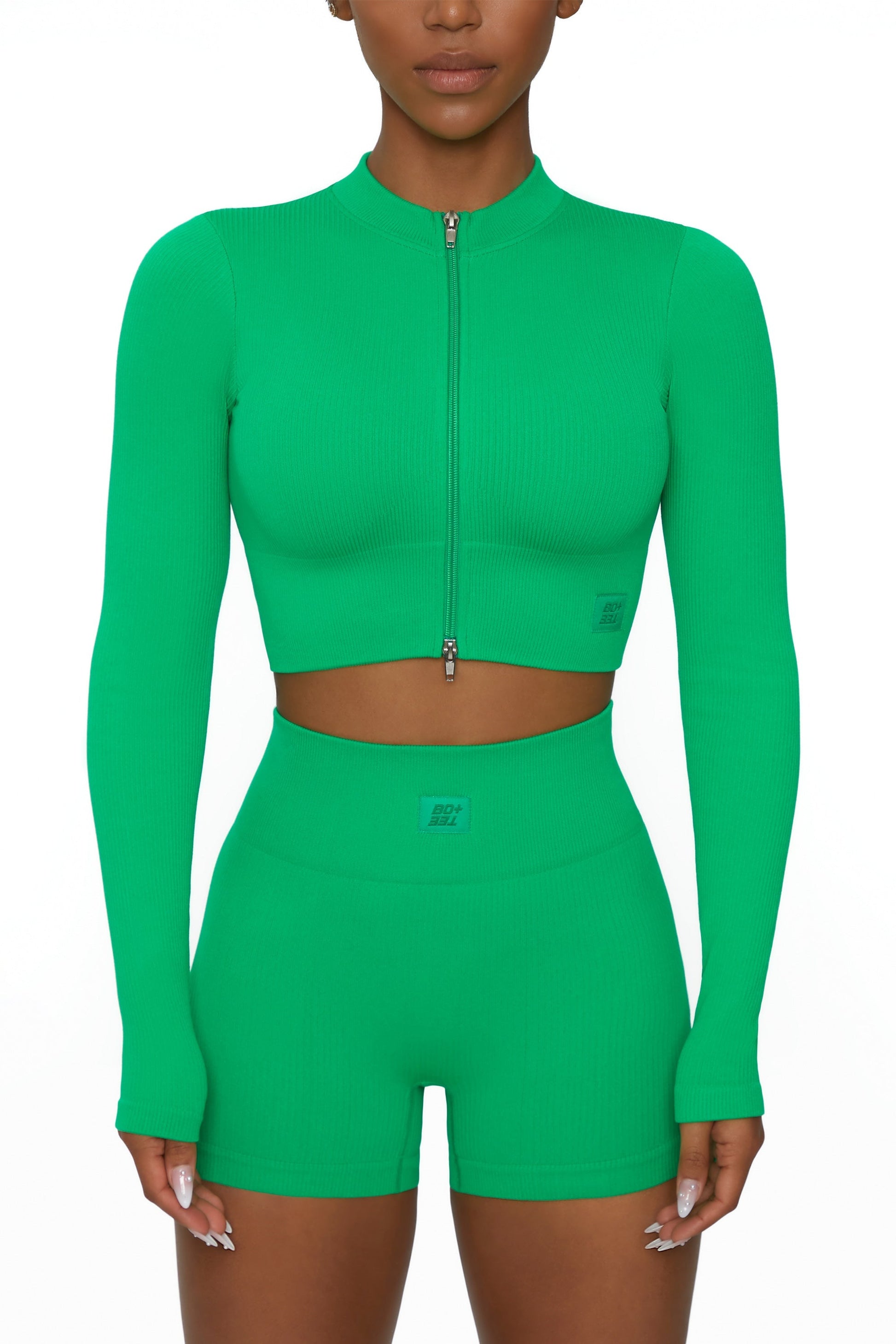 Long Sleeve Zip Crop Top in Green