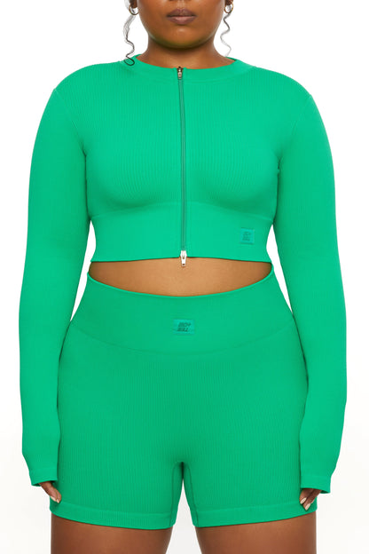 Long Sleeve Zip Crop Top in Green