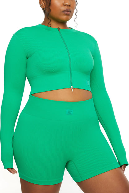 Long Sleeve Zip Crop Top in Green