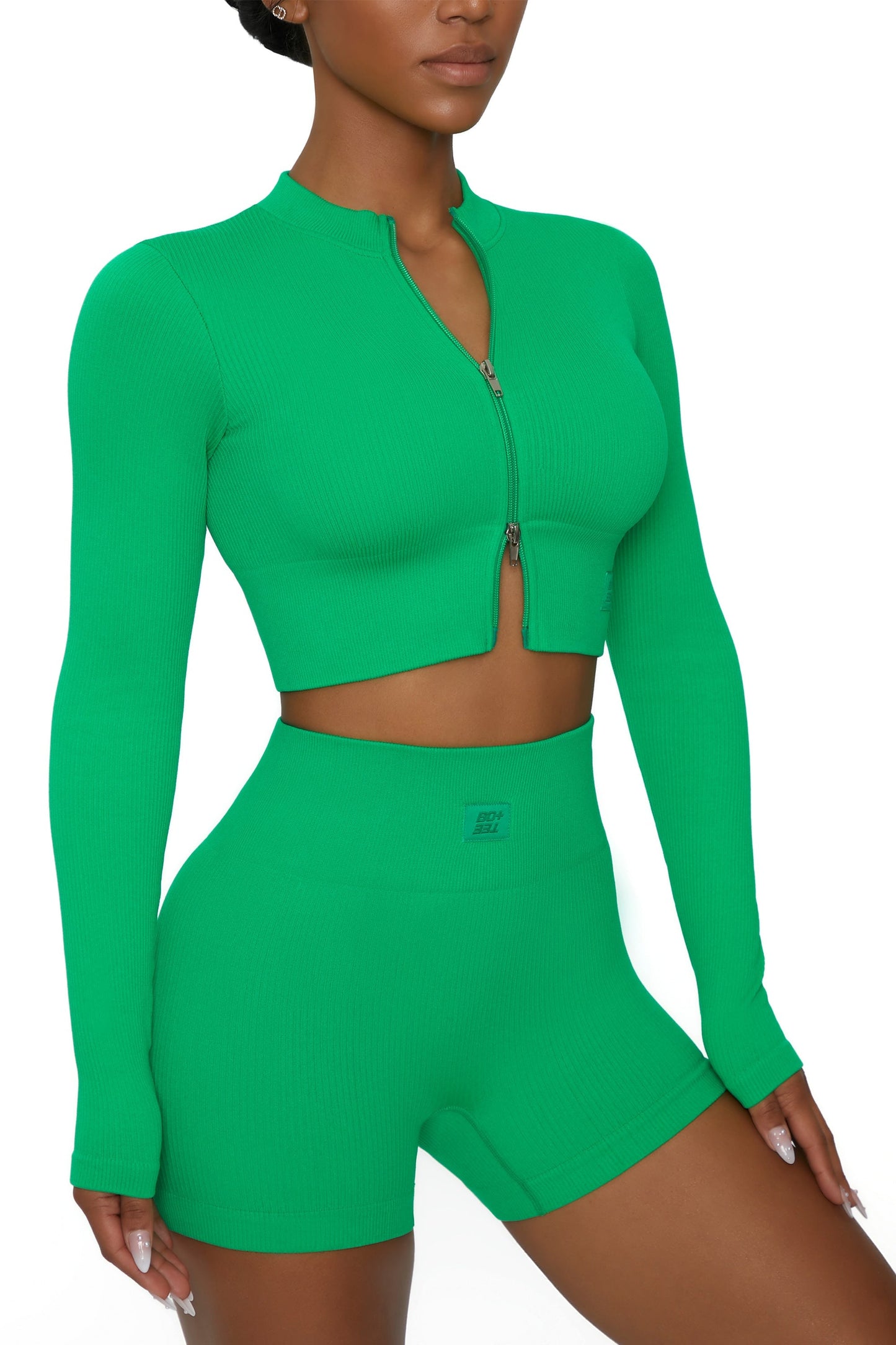 Long Sleeve Zip Crop Top in Green