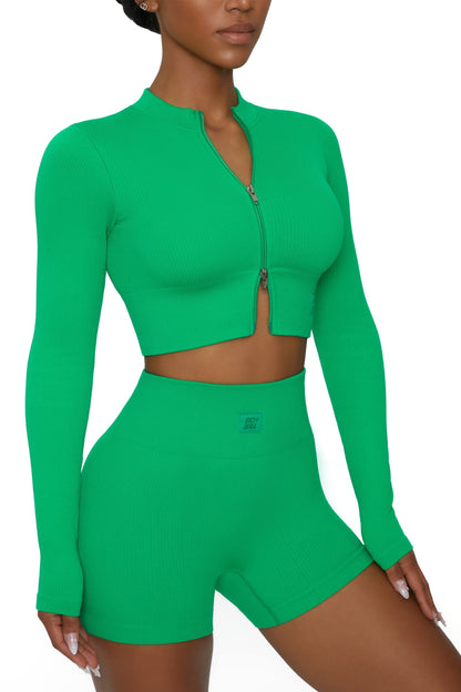 Long Sleeve Zip Crop Top in Green