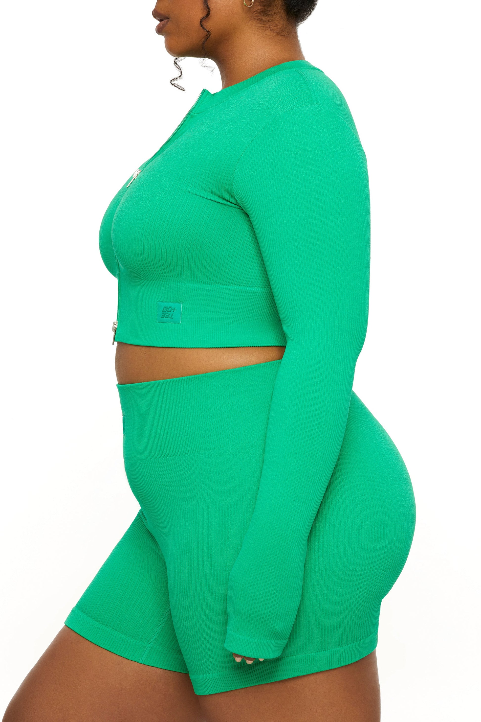 Long Sleeve Zip Crop Top in Green