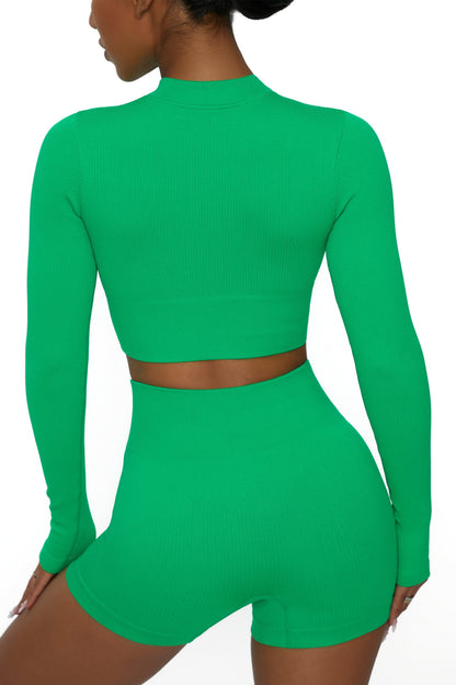 Long Sleeve Zip Crop Top in Green