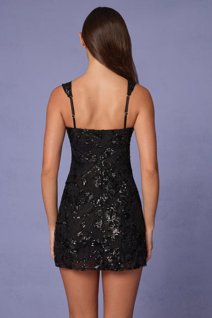 Embellished A-line Mini Dress in Black