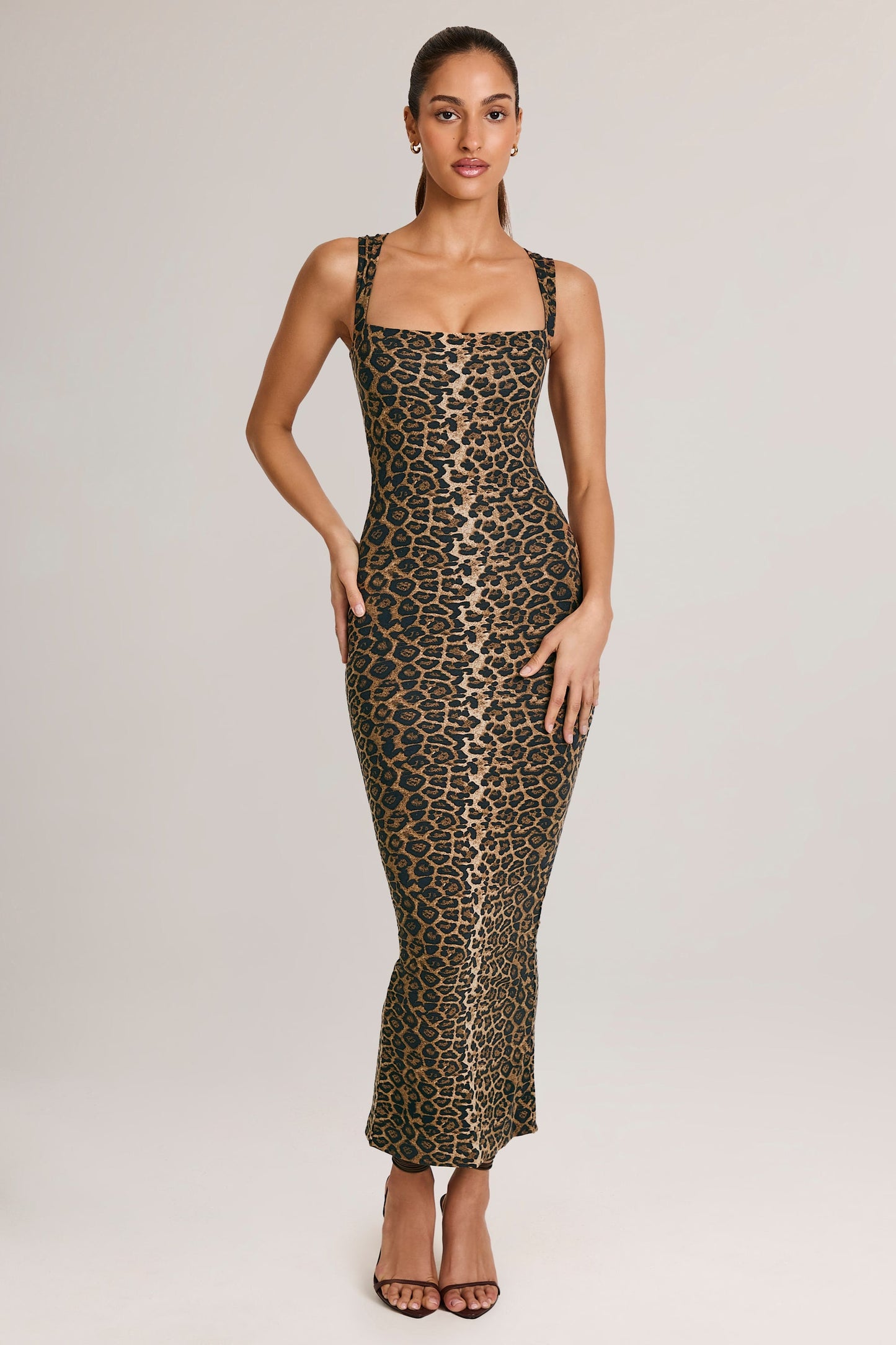 Modal Square-Neck Bodycon Midi Dress in Leopard Print