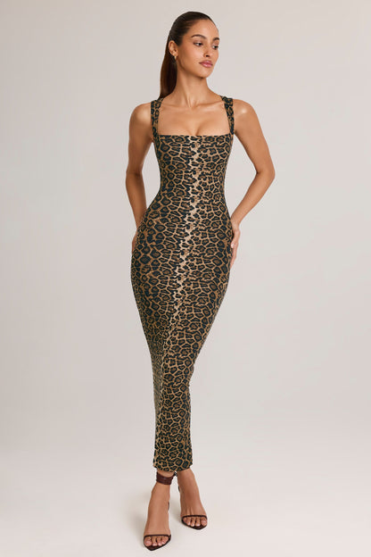 Modal Square-Neck Bodycon Midi Dress in Leopard Print