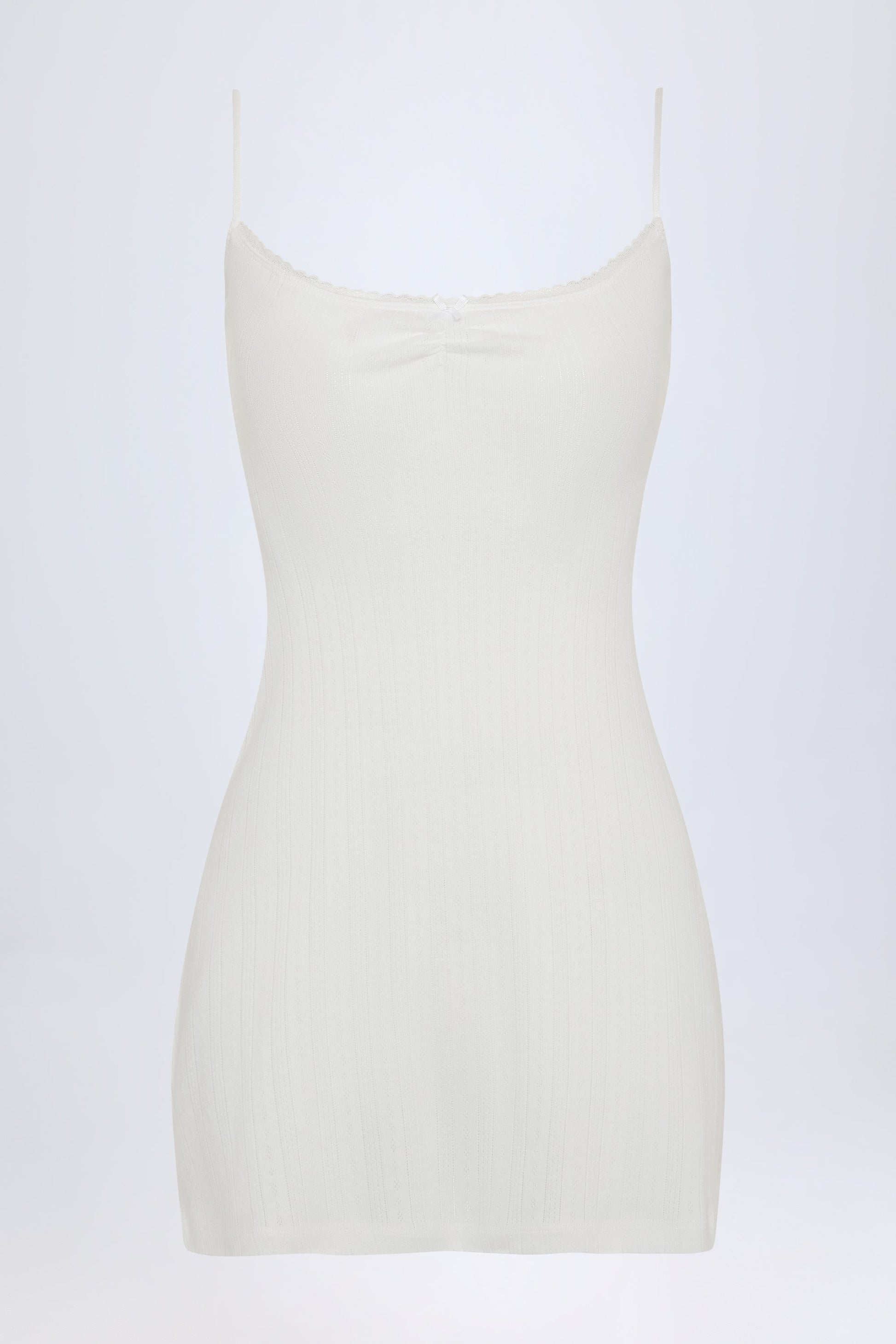 Pointelle Ruched A-Line Mini Dress in White