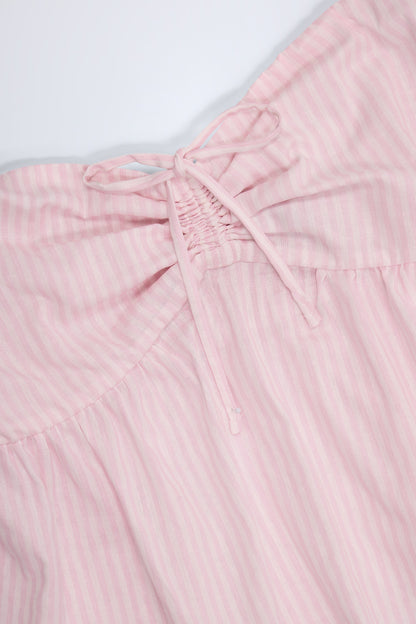 Tie-Front Strapless Cotton-Poplin Crop Top in Pink White Stripe