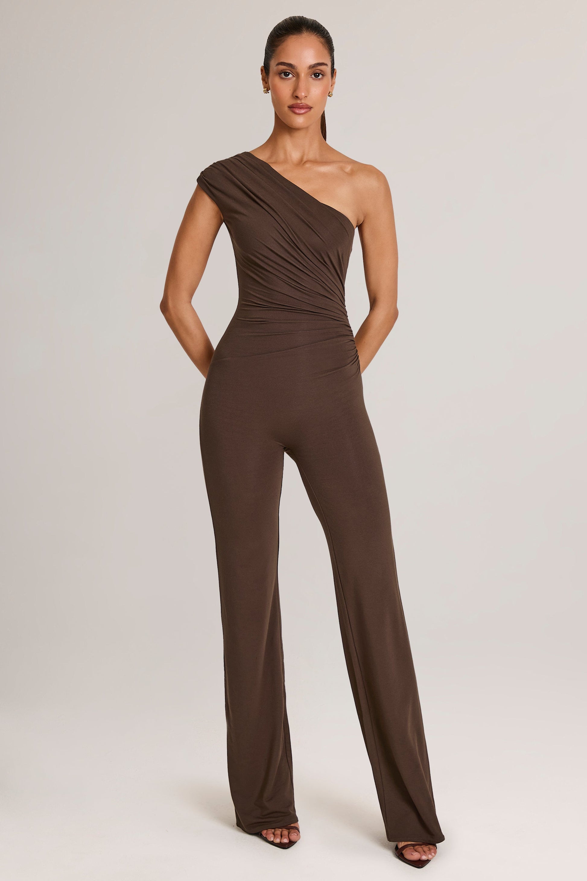 Modal One-Shoulder Jumpsuit in Chocolate Brown