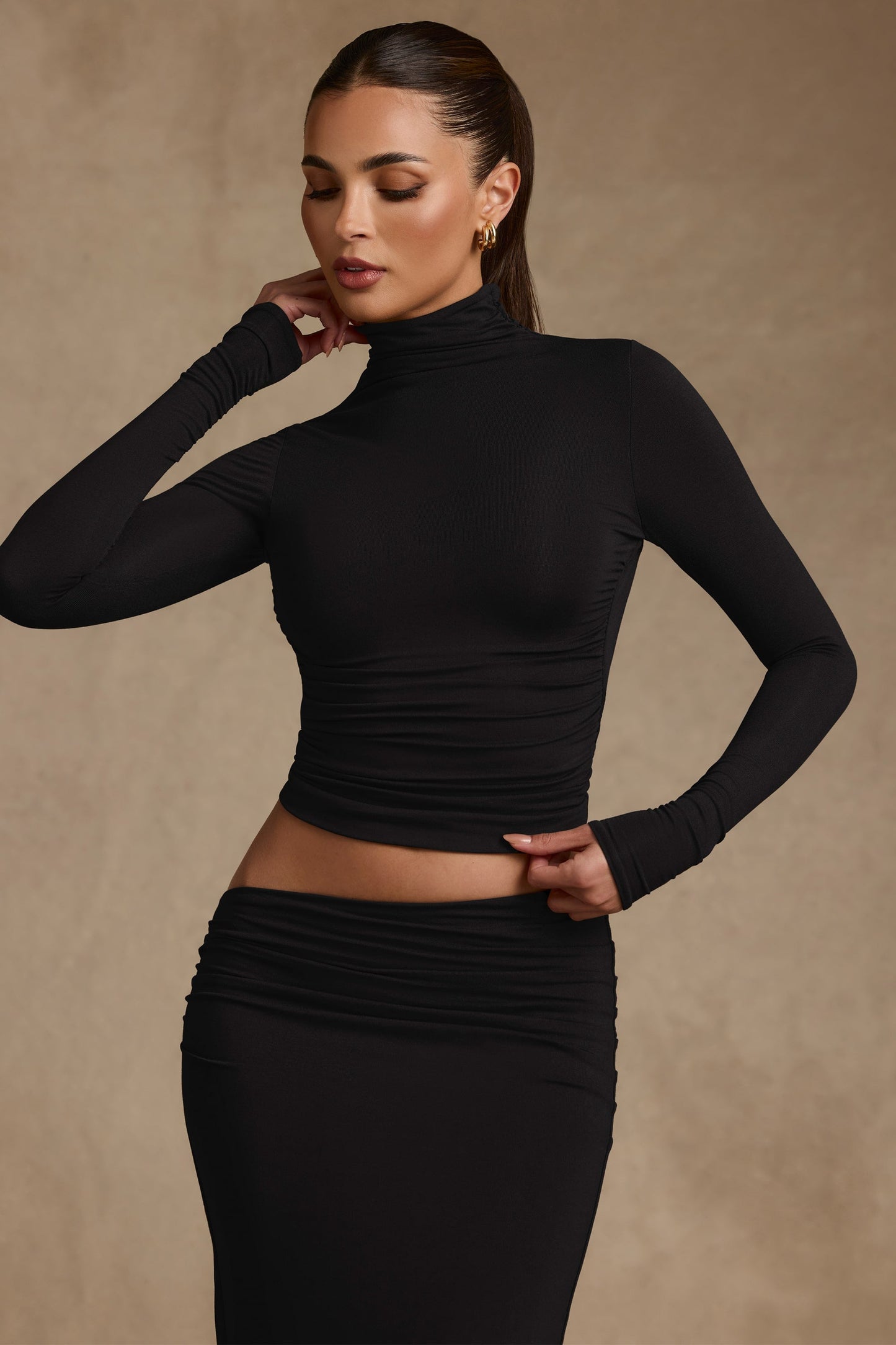 Modal Ruched Backless Turtleneck Top in Black