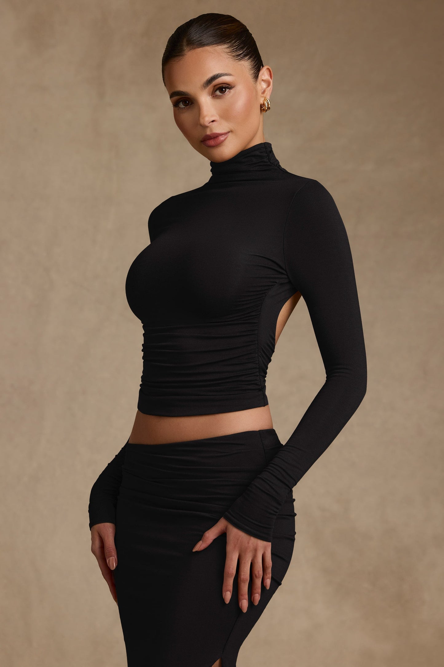 Modal Ruched Backless Turtleneck Top in Black