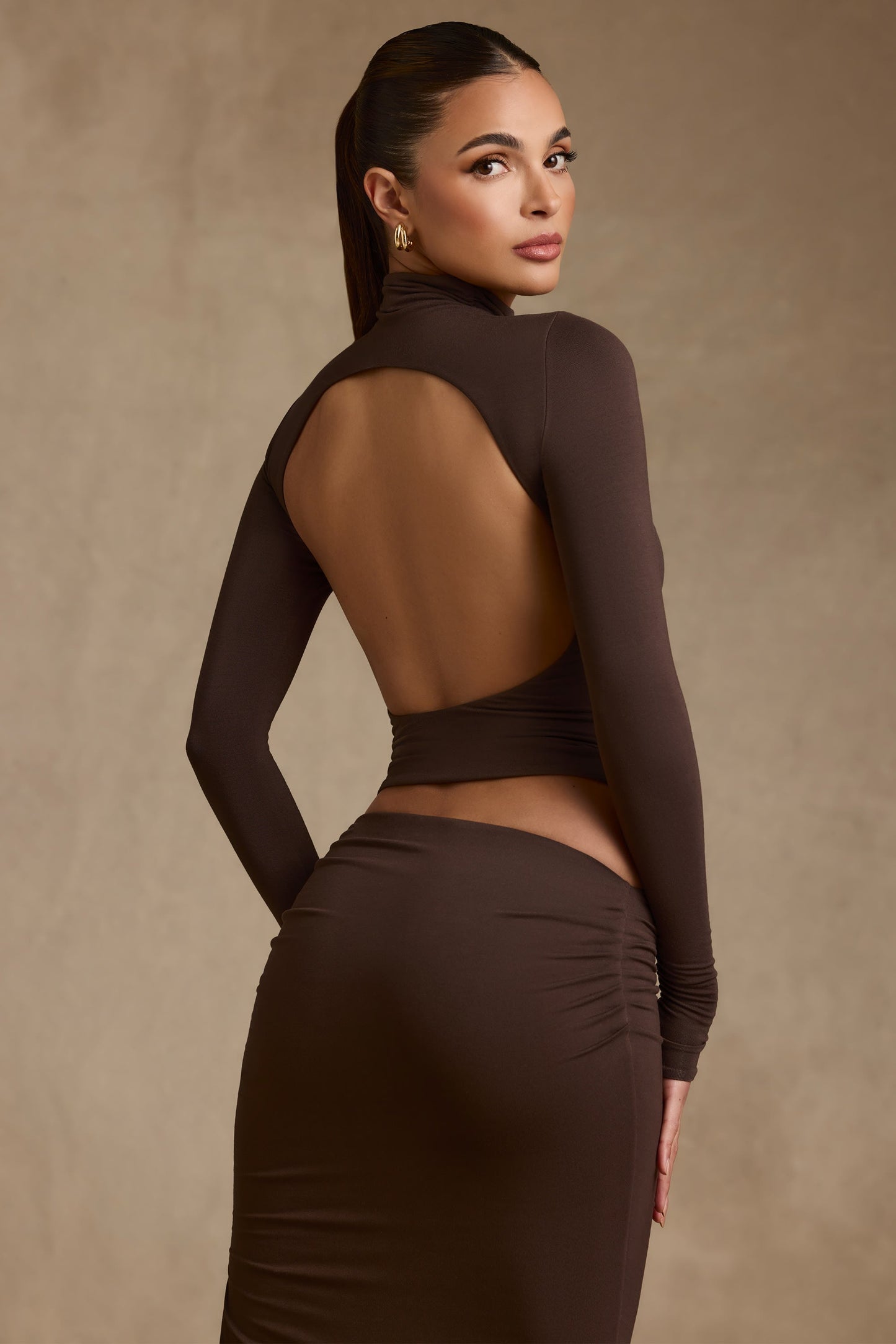 Modal Ruched Backless Turtleneck Top in Chocolate Brown