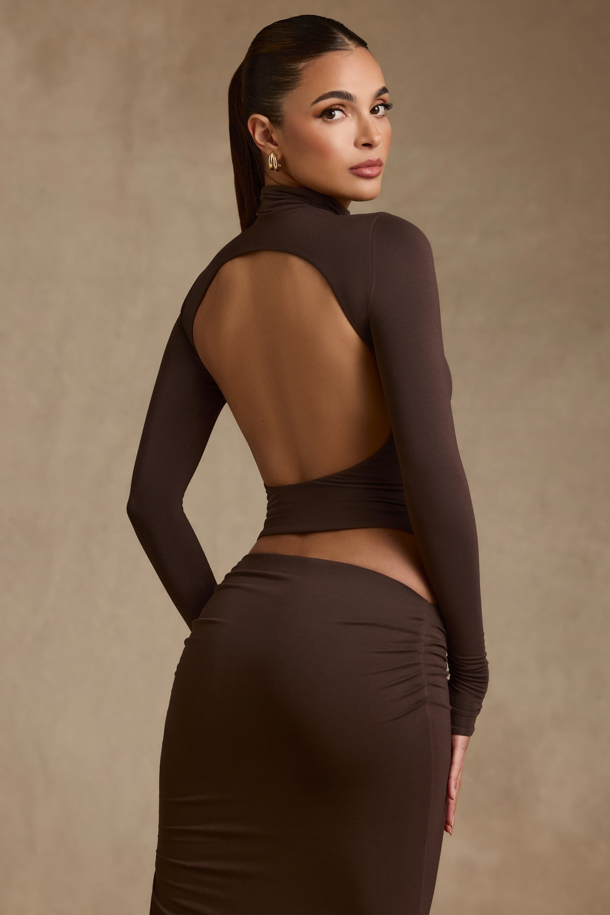 Modal Ruched Backless Turtleneck Top in Chocolate Brown