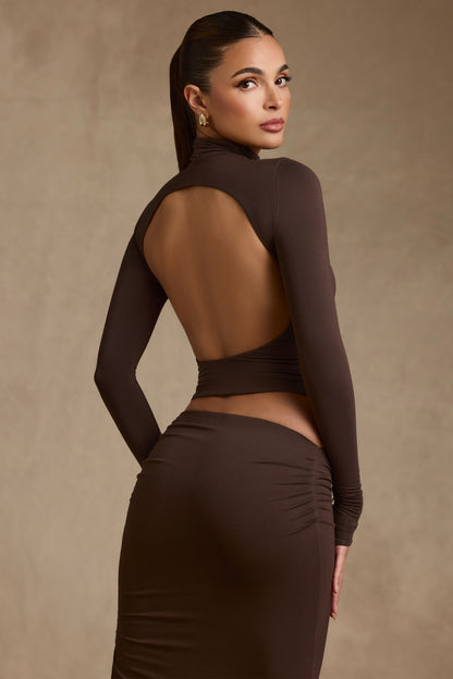 Modal Ruched Backless Turtleneck Top in Chocolate Brown