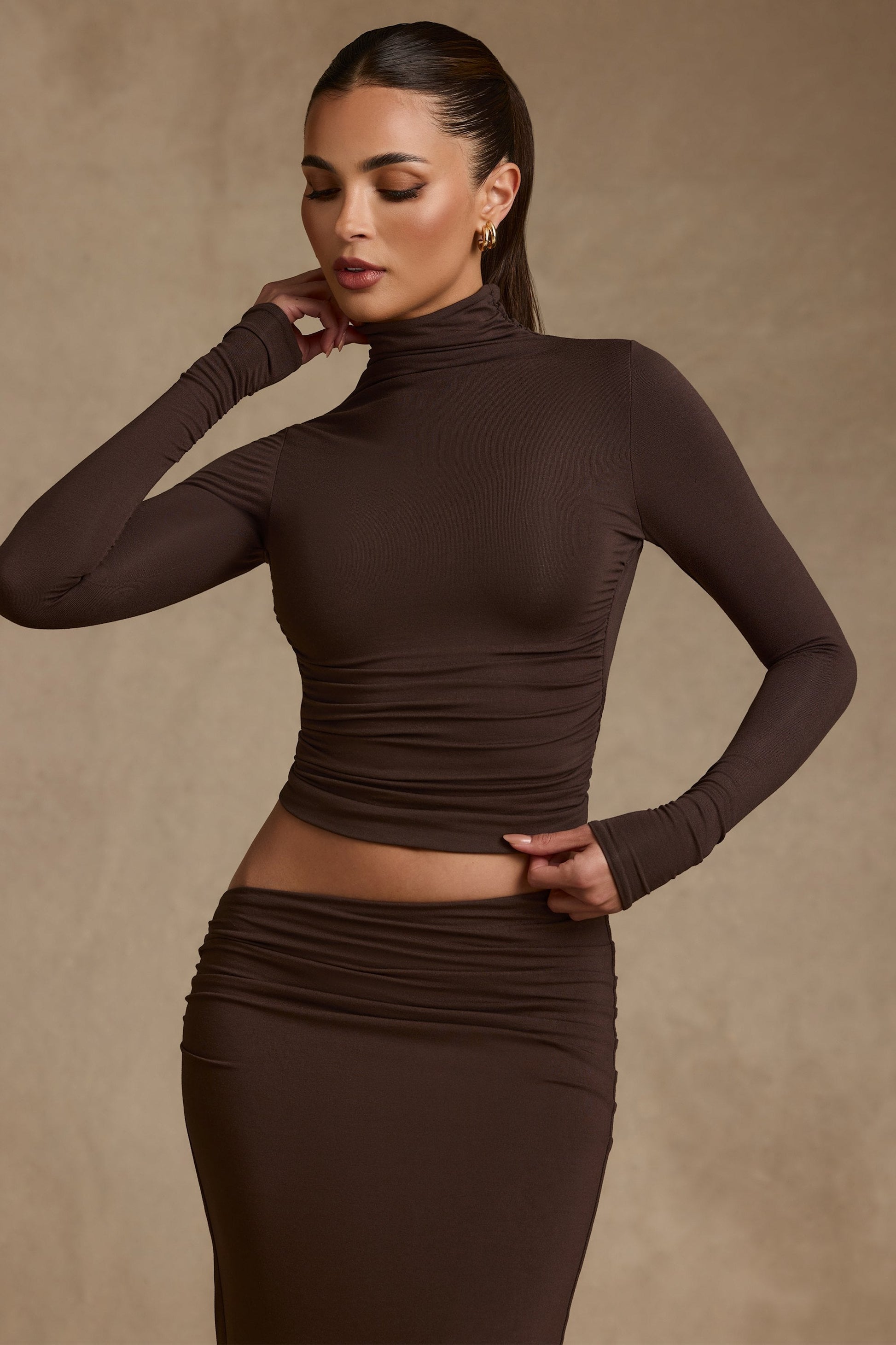 Modal Ruched Backless Turtleneck Top in Chocolate Brown
